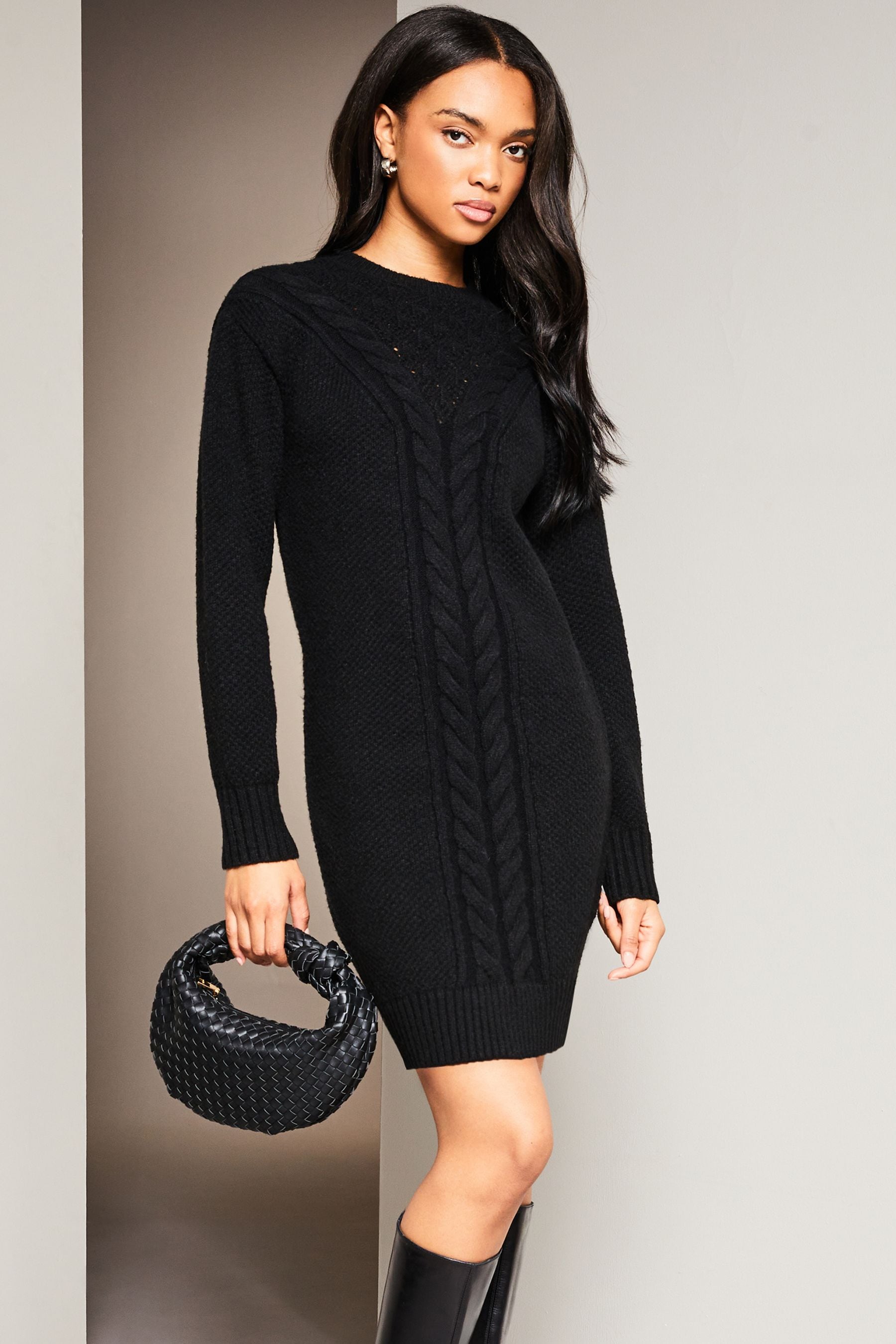 Buy Lipsy Black Cosy Pointelle Crew Neck Knitted Jumper Dress from Next Luxembourg