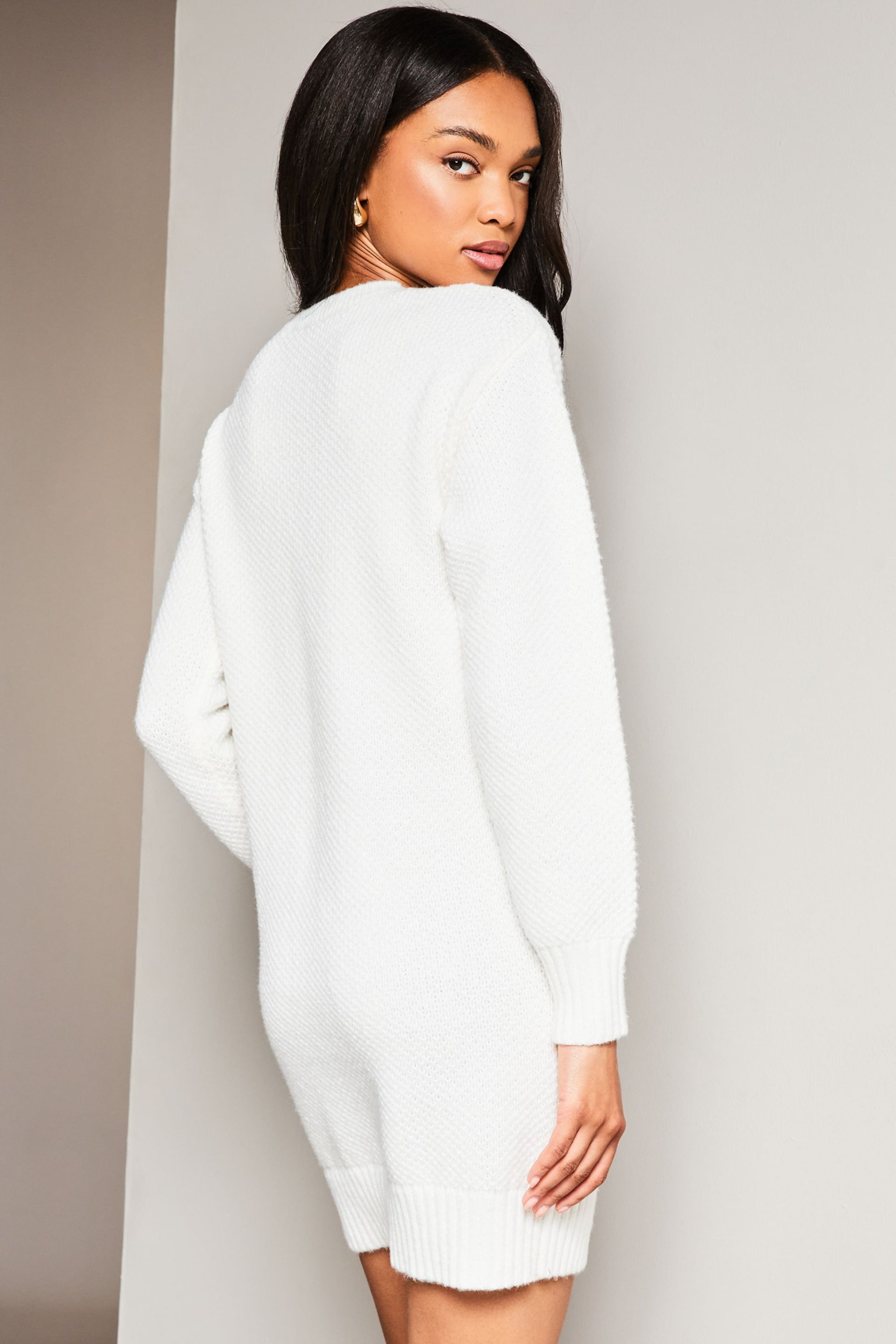 Lipsy Ivory White Petite Cosy Pointelle Crew Neck Knitted Jumper Dress - Image 2 of 4