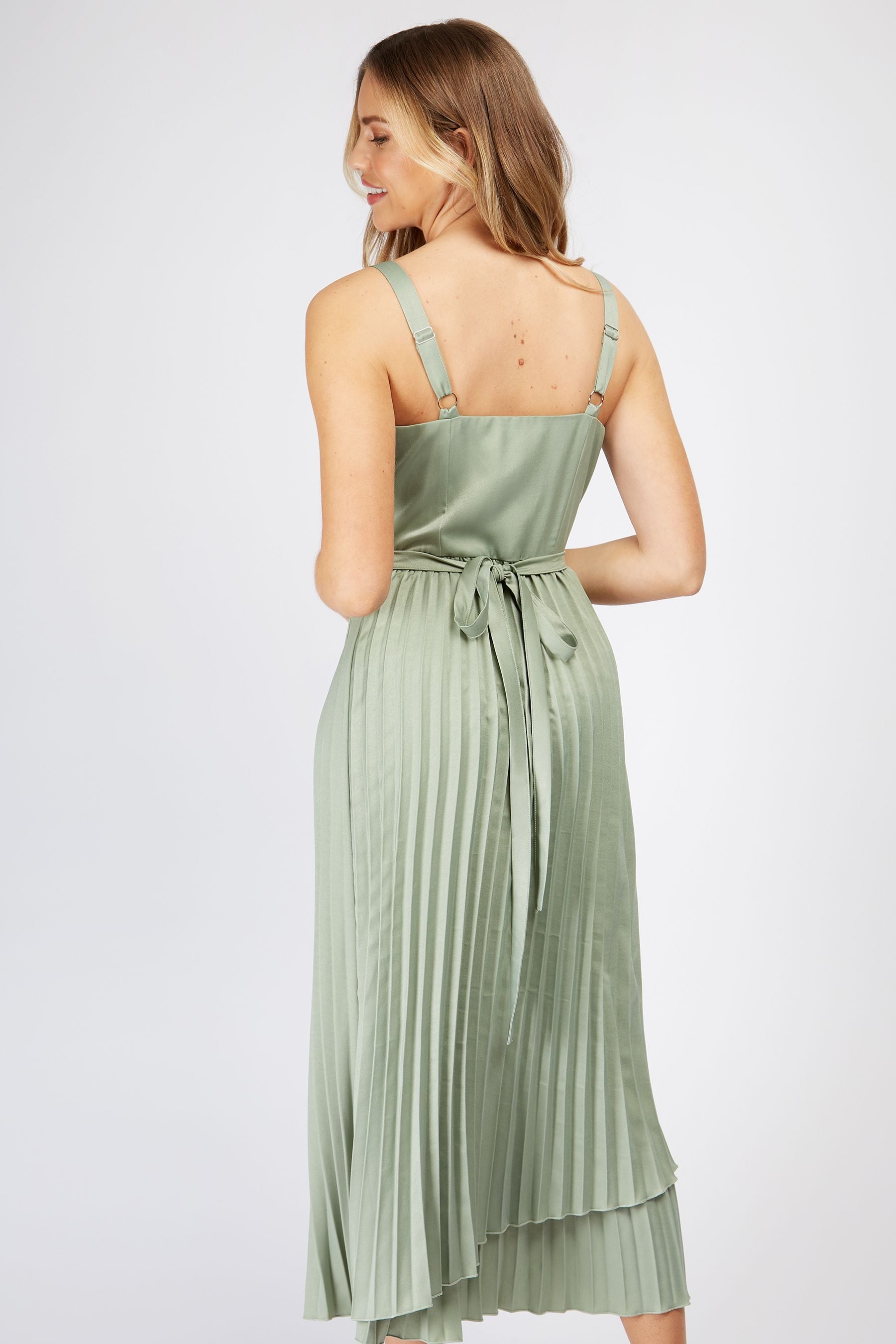 Buy Little Mistress Sage Green Satin Layered Pleat Midi Dress from Next Luxembourg