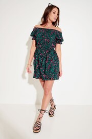 Pour Moi Green Woven Puff Sleeve Belted Bardot Dress - Image 3 of 5