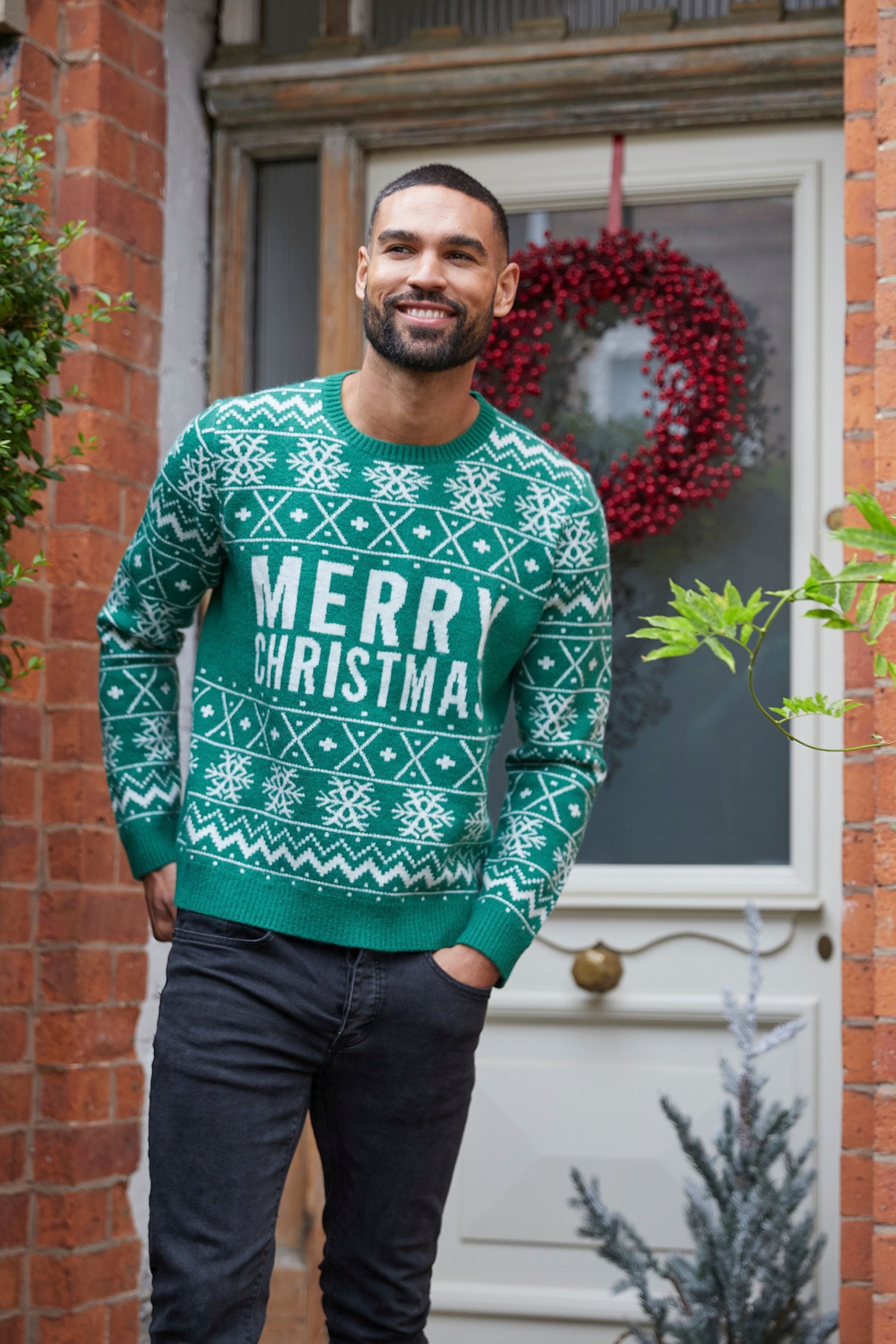 Buy Society 8 Green Festive Christmas Jumper Mens from Next Luxembourg