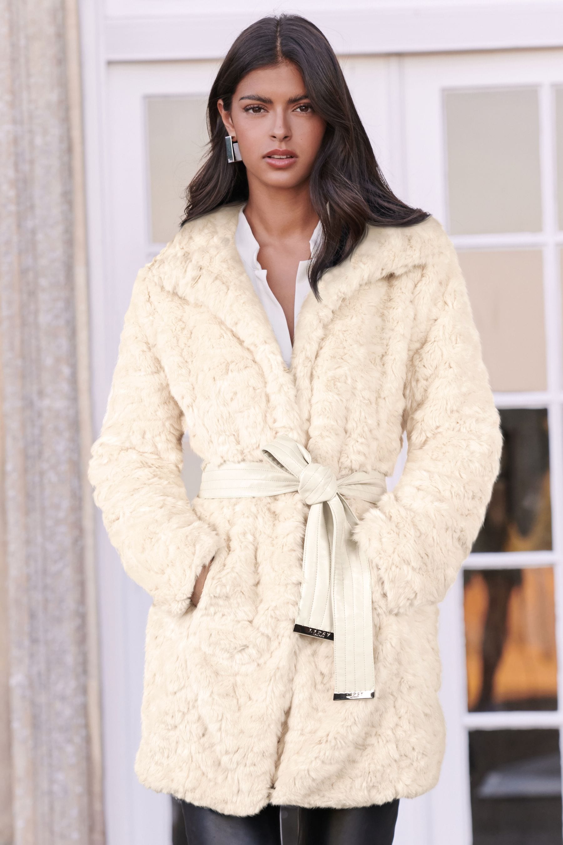 Buy Lipsy Cream Longline Belted Faux Fur Coat from Next Luxembourg