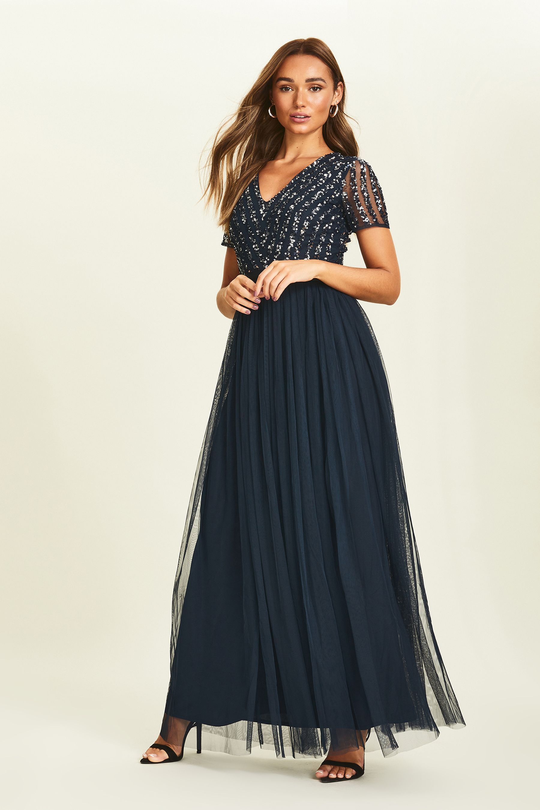 Buy Maya Navy Blue Petite Chevron Sequin Maxi Dress from Next Luxembourg