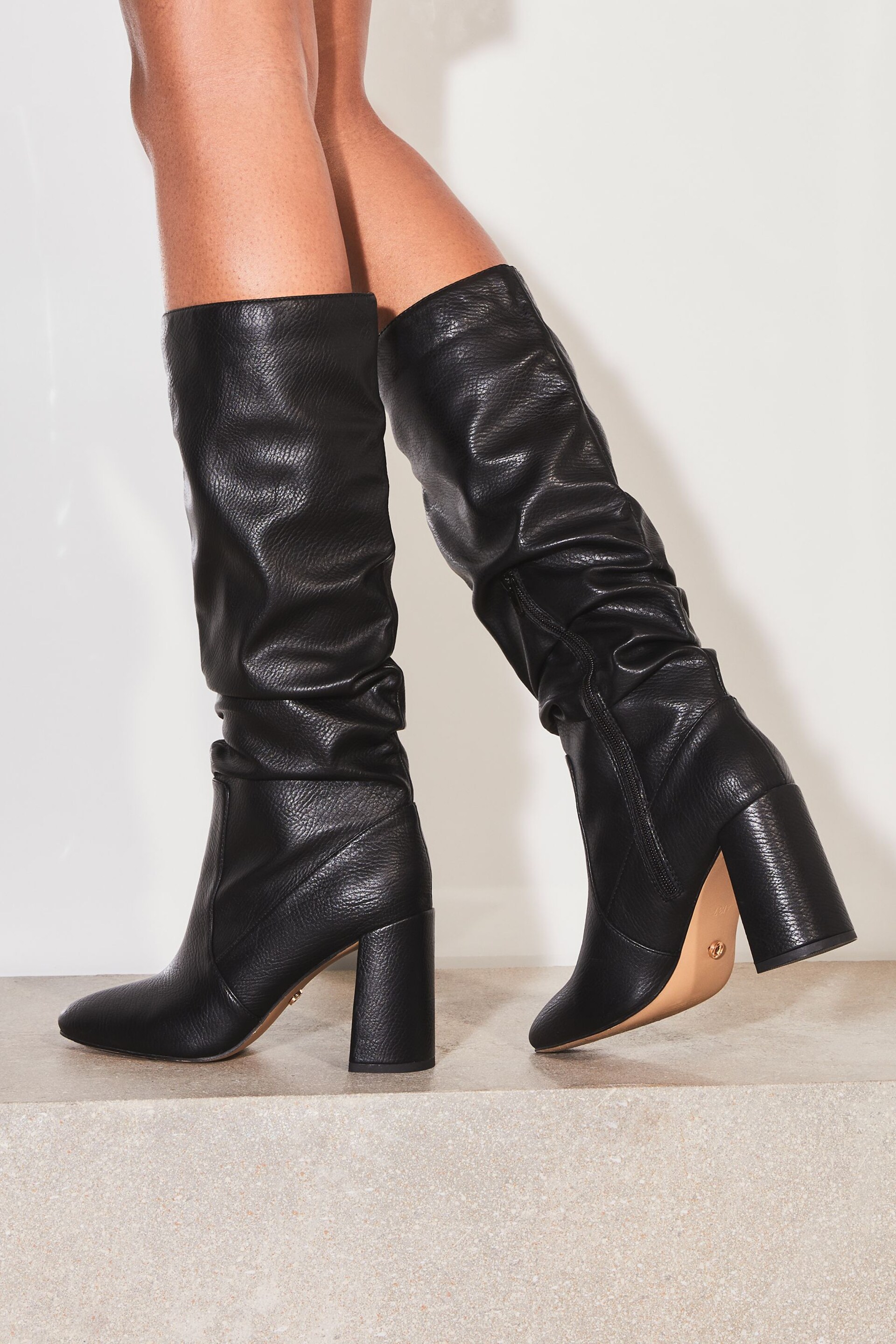 Lipsy Black Wide Fit Block Mid Heel Ruched Knee High Boot - Image 2 of 4