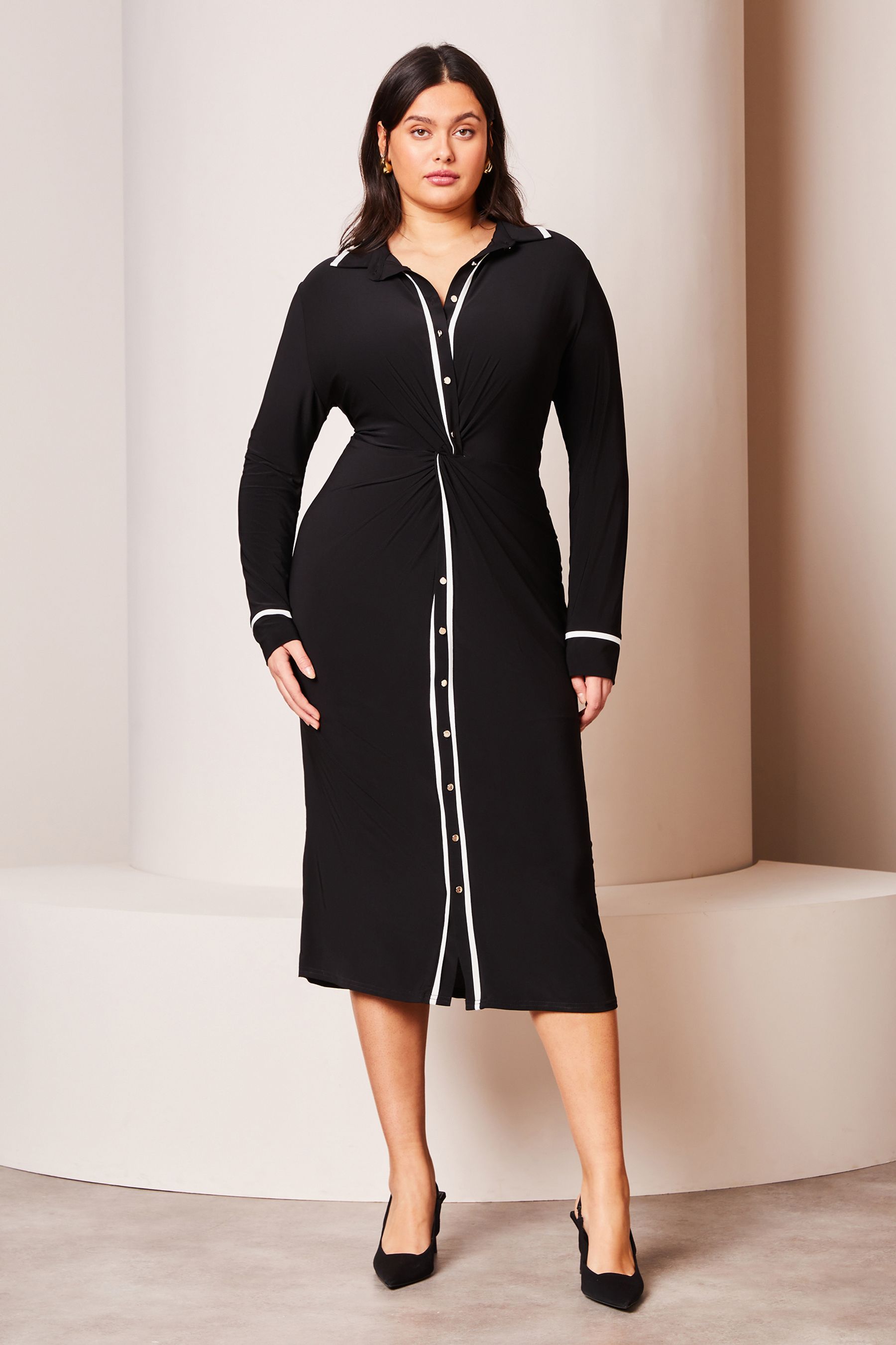 Buy Lipsy Monochrome Curve Jersey Long Sleeve Knot Front Shirt Dress from Next Luxembourg