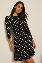 Friends Like These Black/White Spot Fit And Flare Round Neck 3/4 Sleeve Dress - Image 1 of 4
