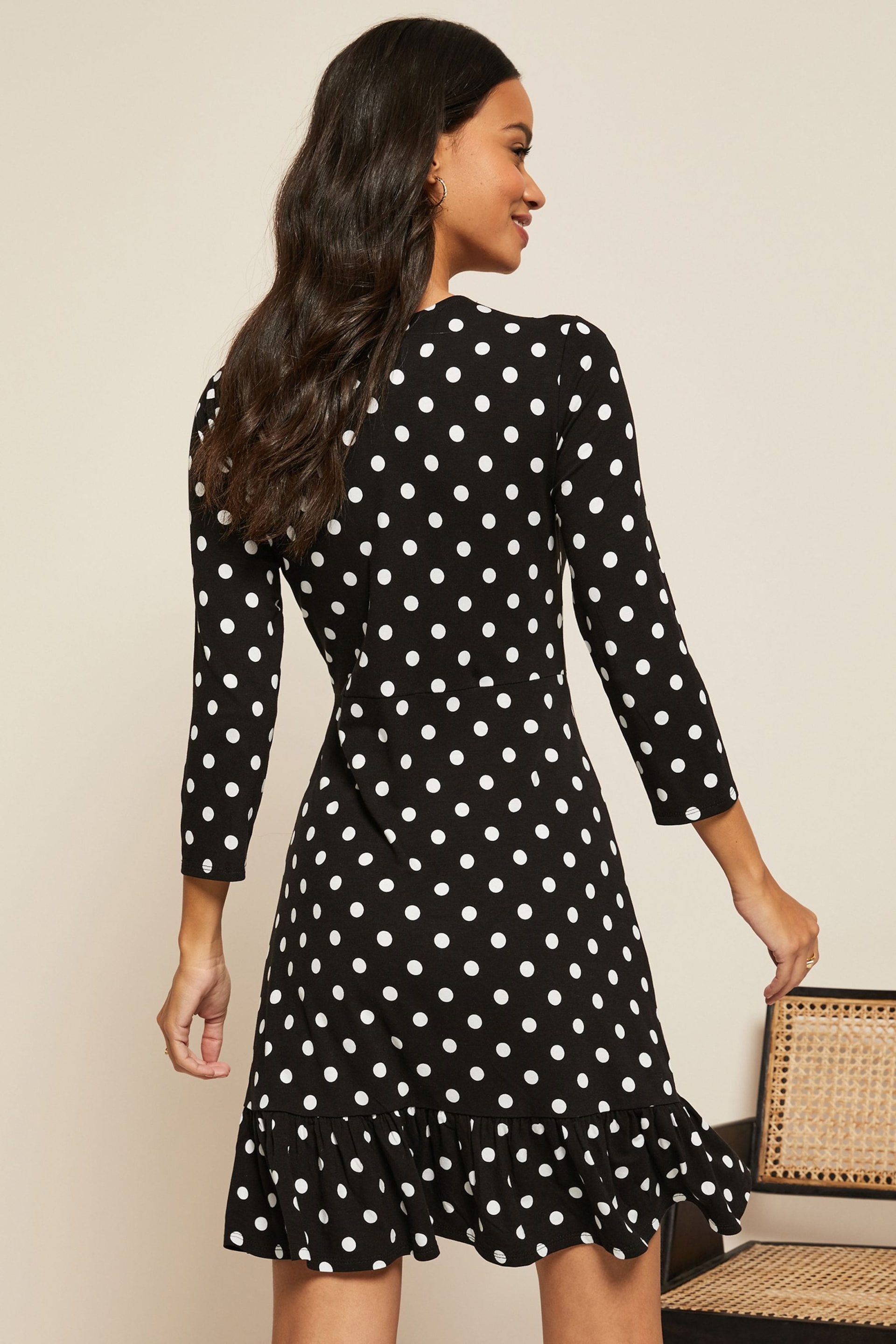 Friends Like These Black/White Spot Fit And Flare Round Neck 3/4 Sleeve Dress - Image 2 of 4