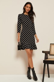 Friends Like These Black/White Spot Fit And Flare Round Neck 3/4 Sleeve Dress - Image 3 of 4