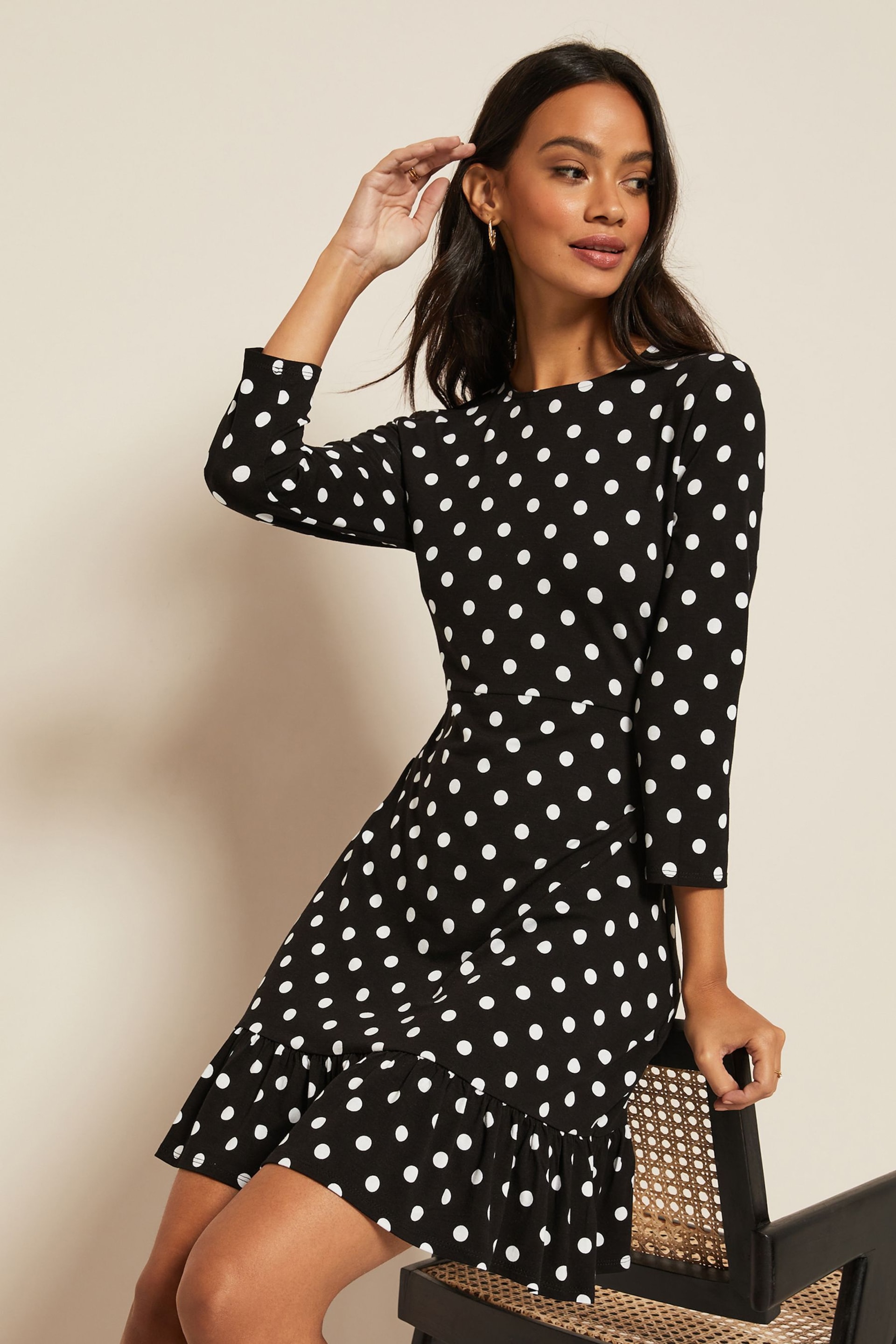 Friends Like These Black/White Spot Fit And Flare Round Neck 3/4 Sleeve Dress - Image 4 of 4