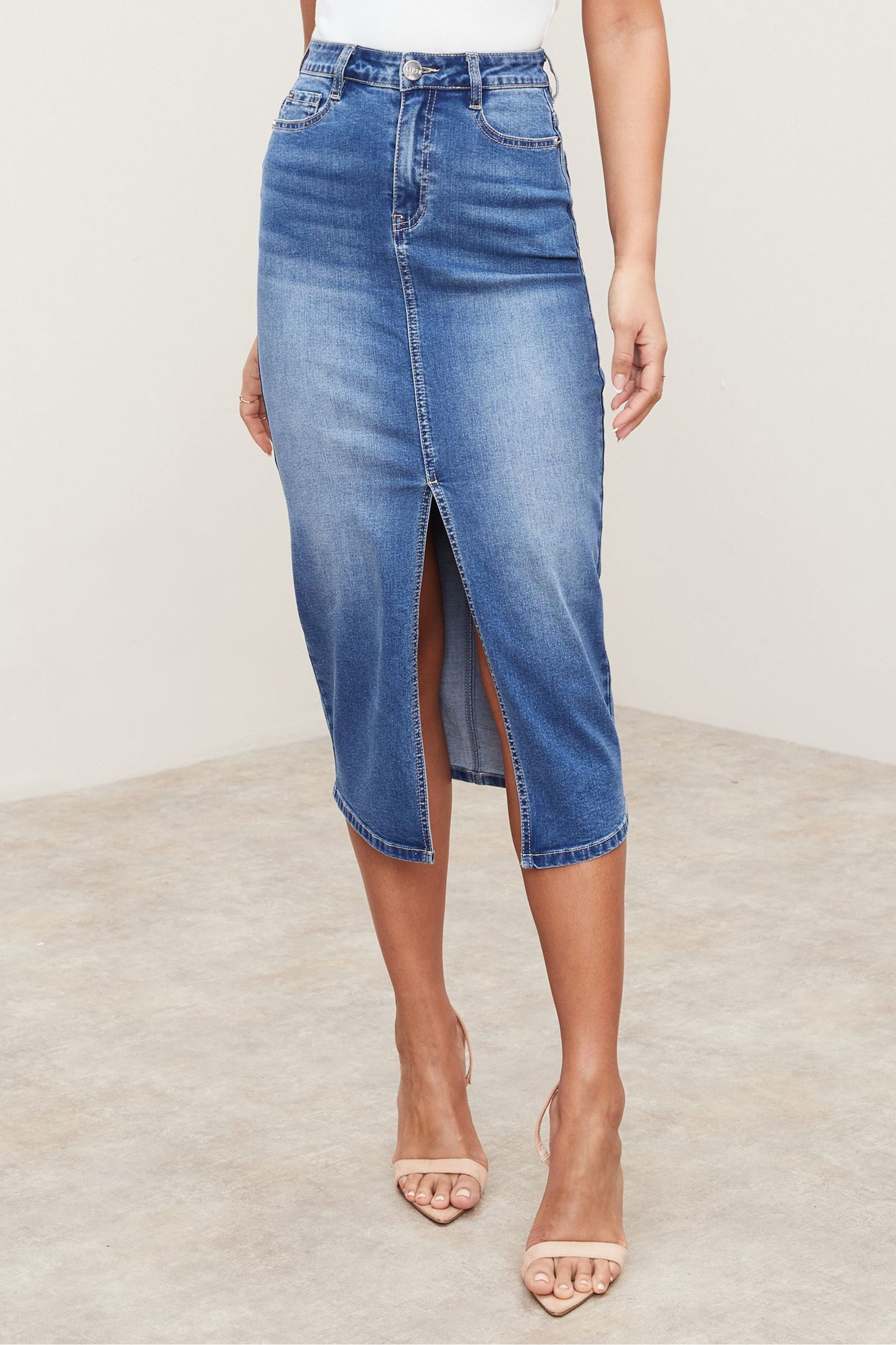 Buy Lipsy Blue Denim High Rise Split Front Summer Midi Skirt from Next Luxembourg