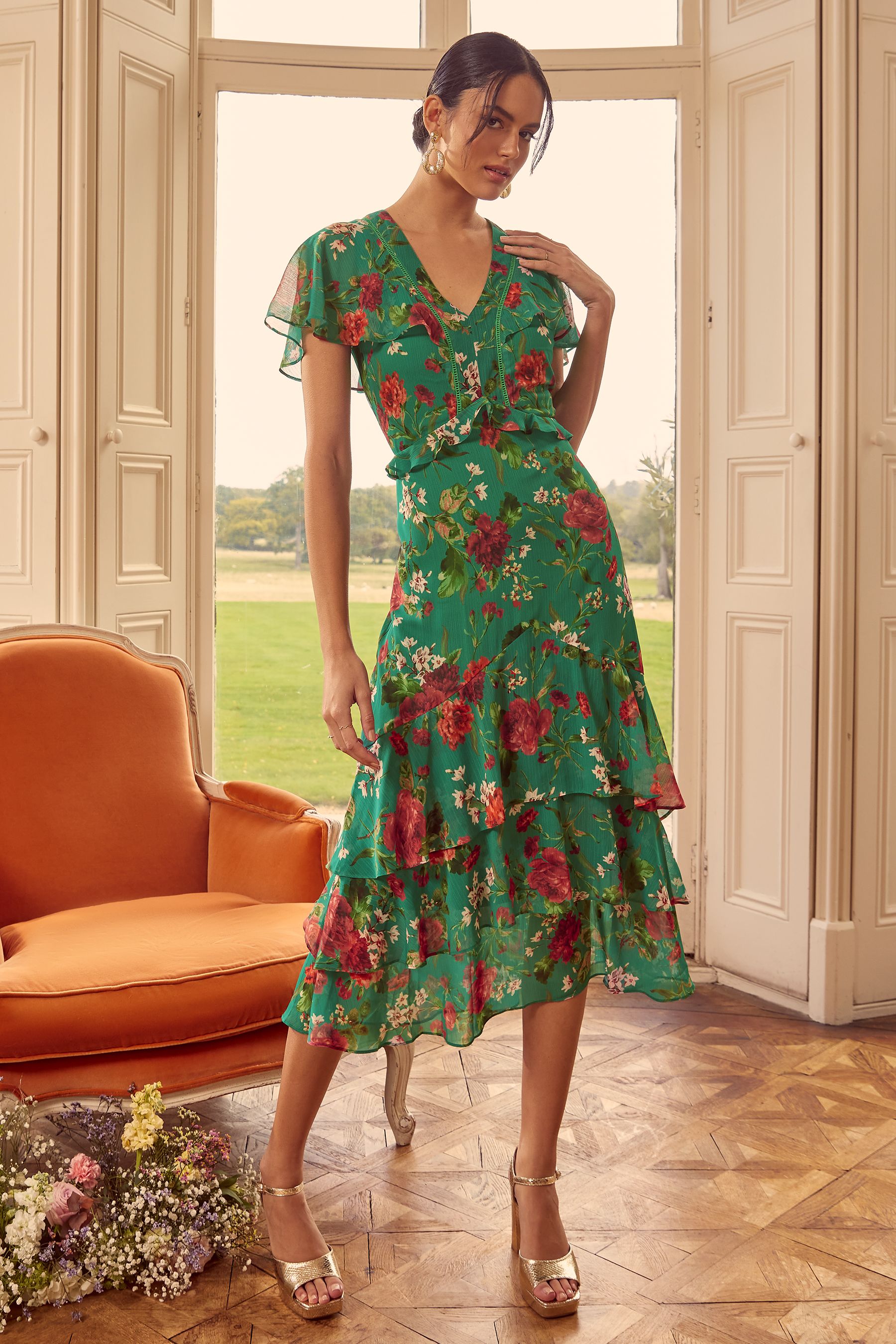 Buy Love Roses Green Floral Cape Flutter Sleeve Ruffle V Neck Tiered Summer Maxi Dress from Next Luxembourg