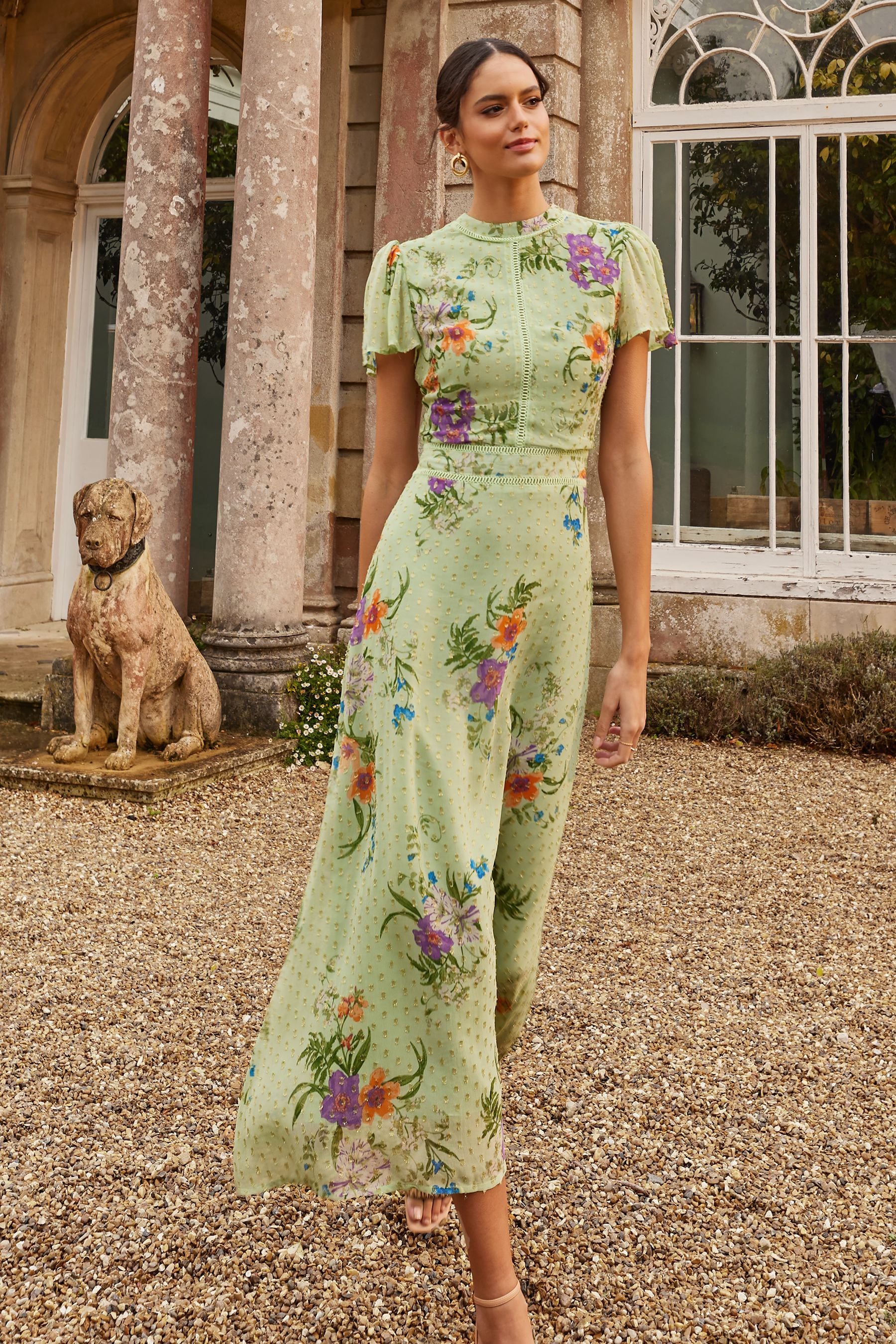 Buy Love Roses Sage Green Green Floral Metallic Printed High Neck Flutter Sleeve Midi Dress from Next Luxembourg