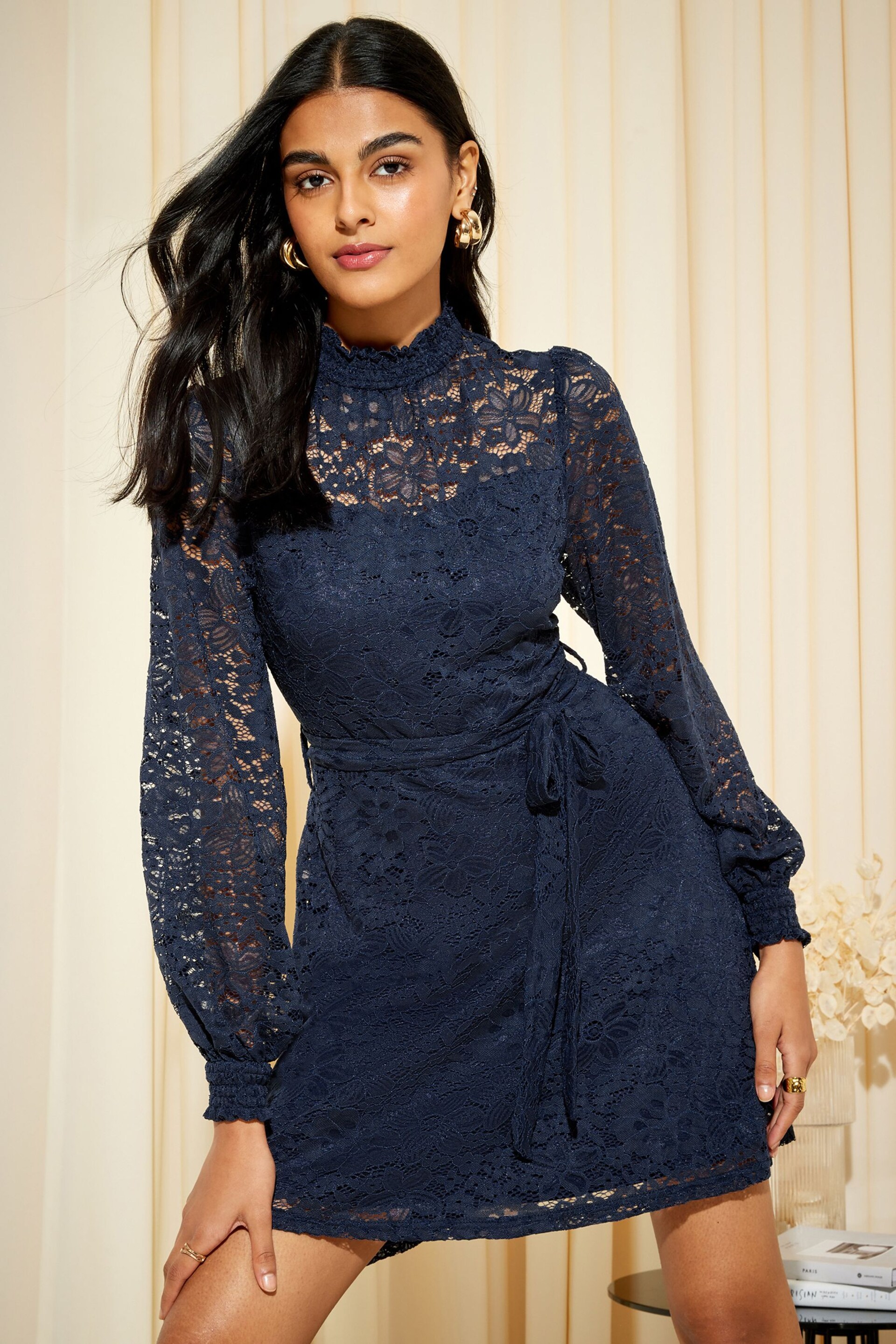 Friends Like These Navy Blue Long Sleeve Lace Mini Dress - Image 1 of 4