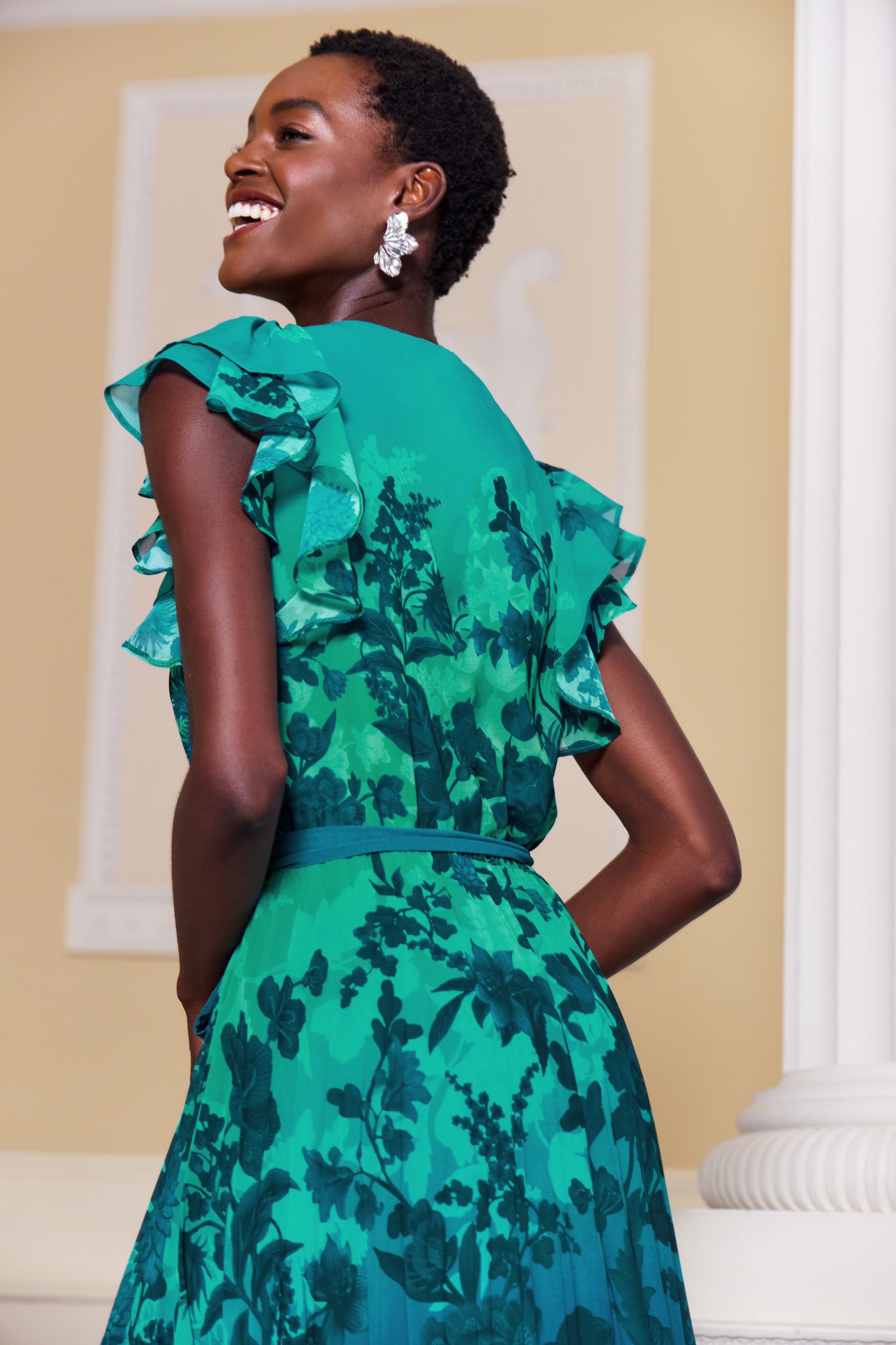 Buy V A Love Roses Blue Ombre Flutter Cap Sleeve Belted Pleated Maxi Dress from Next Luxembourg