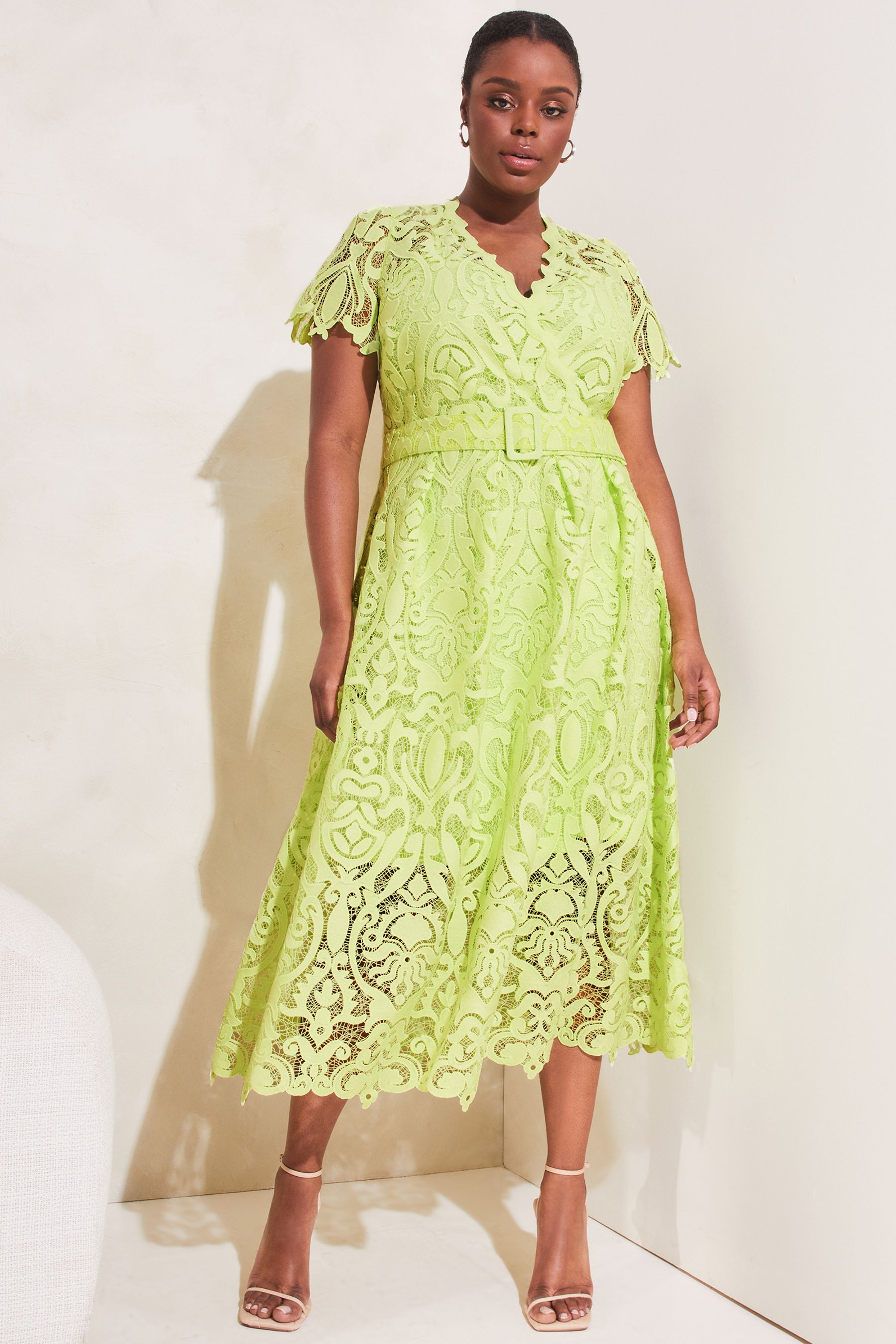 Buy Lipsy Green Curve Premium V Neck Belted Lace Short Puff Sleeve Midi Dress from Next Luxembourg