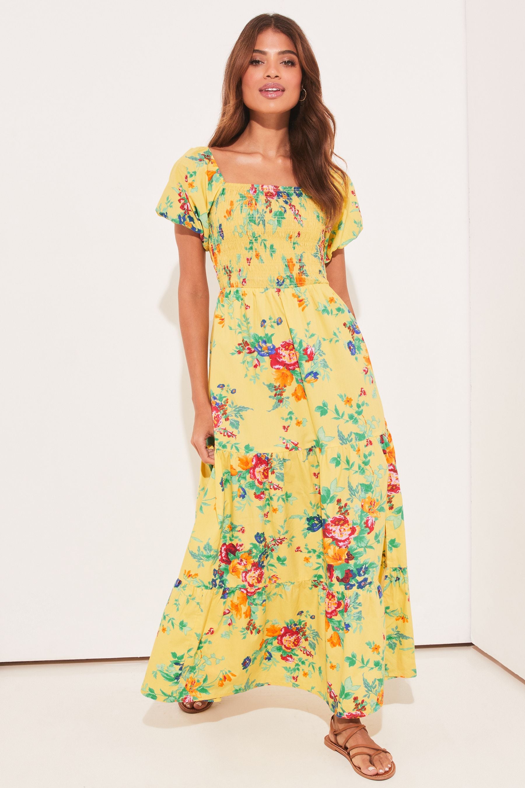 Buy Lipsy Yellow Poplin Square Neck Short Sleeve Shirred Maxi Dress from Next Luxembourg