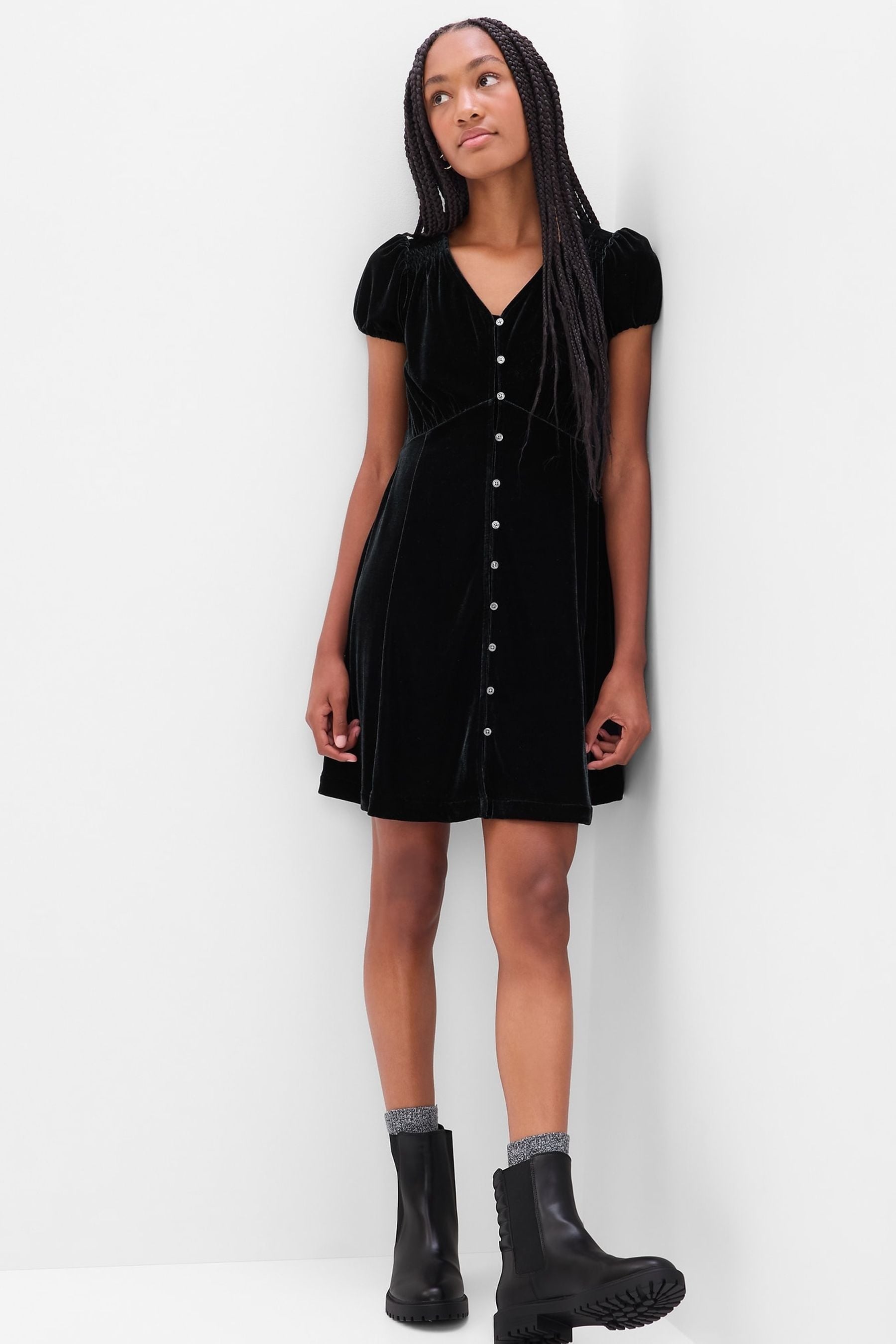 Buy Gap Black Button Front Velvet Dress Teen from Next Ireland