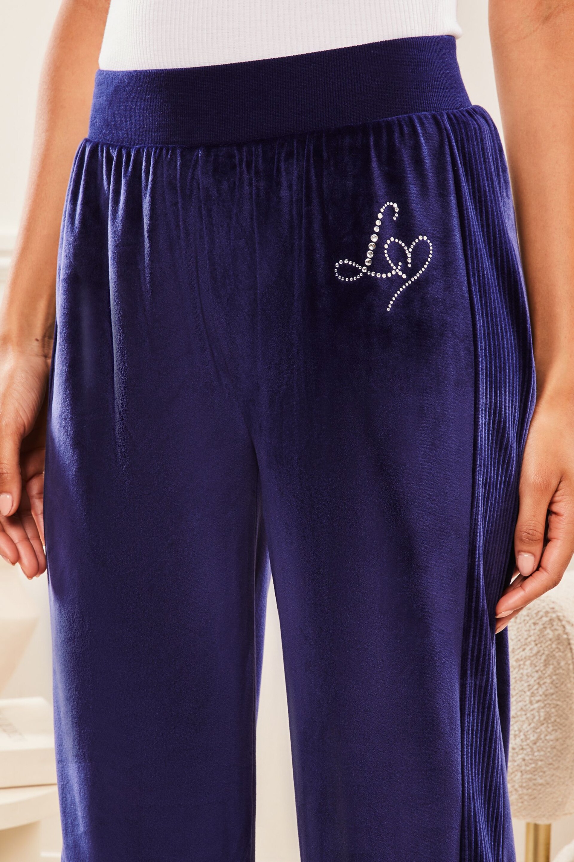 Lipsy Navy Blue Wide Leg Velour Joggers - Image 4 of 4