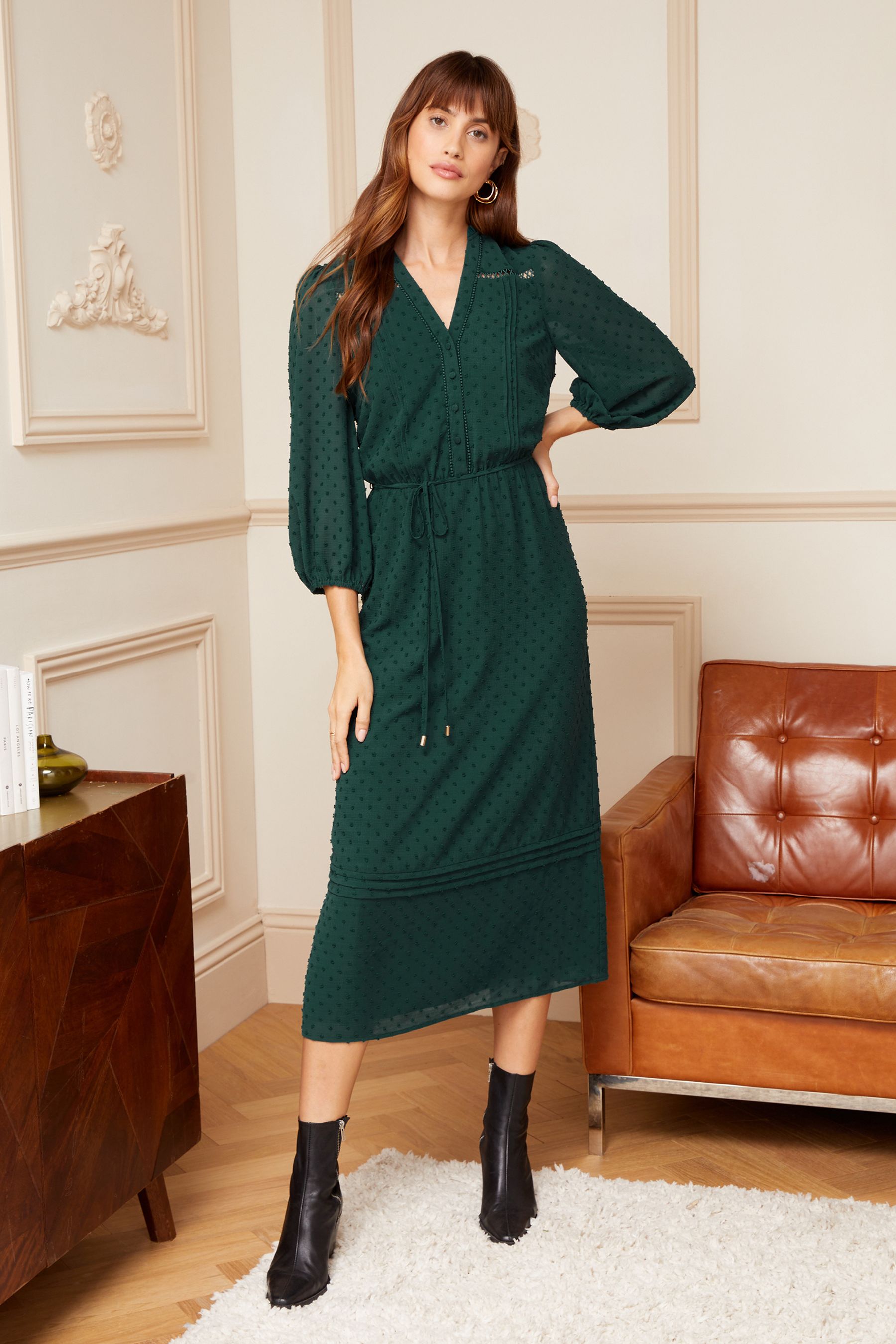 Buy Love Roses Forest Green 3 4 Sleeve Dobby Lace Trim Midi Dress from Next Luxembourg