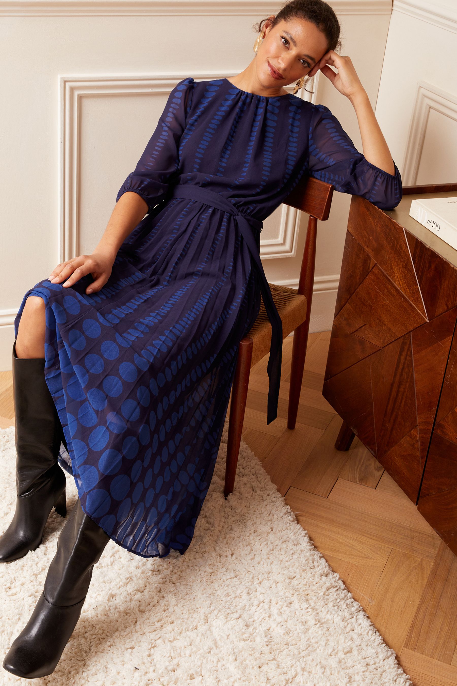 Buy Love Roses Navy Blue Polka Dot Petite 3 4 Sleeve Printed Pleated Belted Midi Dress from Next Luxembourg