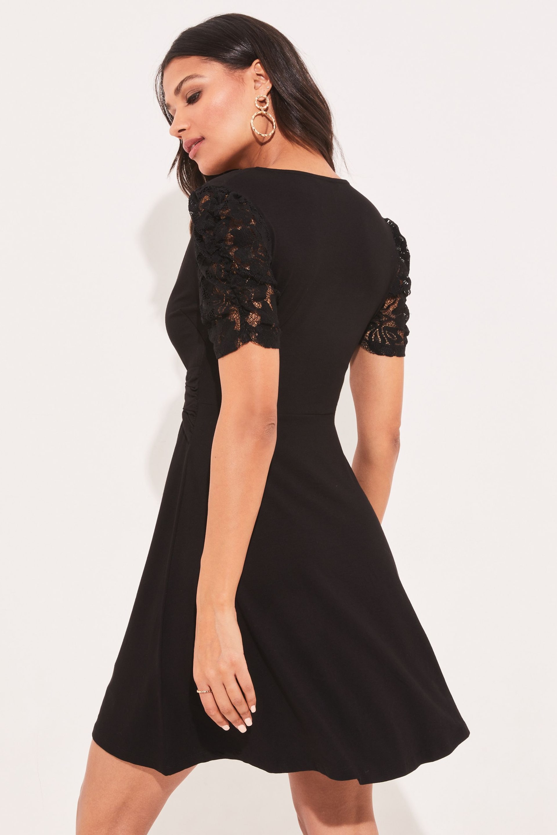 Lipsy Black Lace Jersey Knot Front Mini Skater Dress - Image 2 of 4