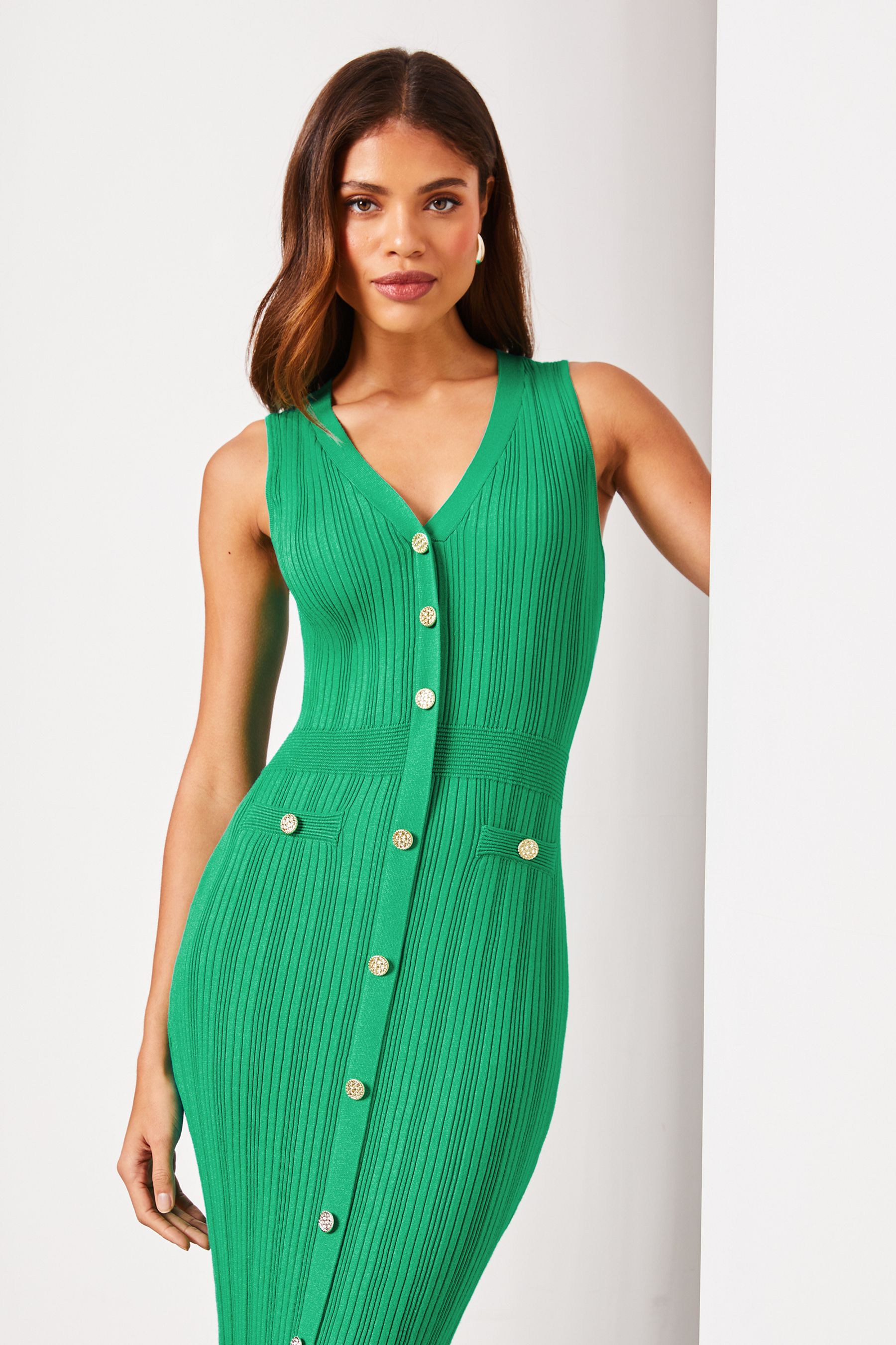 Buy Lipsy Green Button V Neck Sleeveless Bodycon Midi Dress from Next Luxembourg