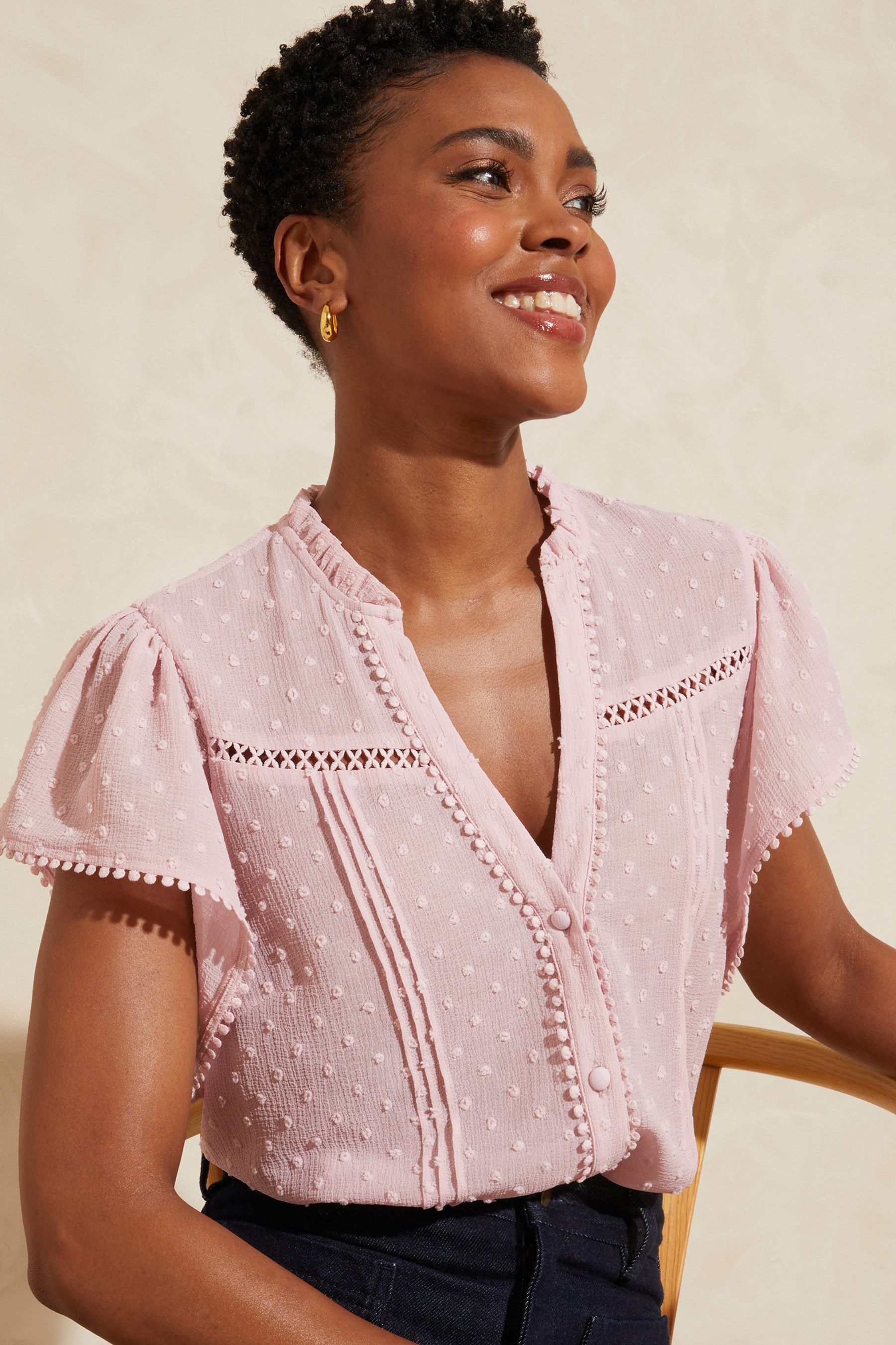 Buy Love & Roses Dobby Spot Ruffle V Neck Flutter Sleeve Blouse from ...