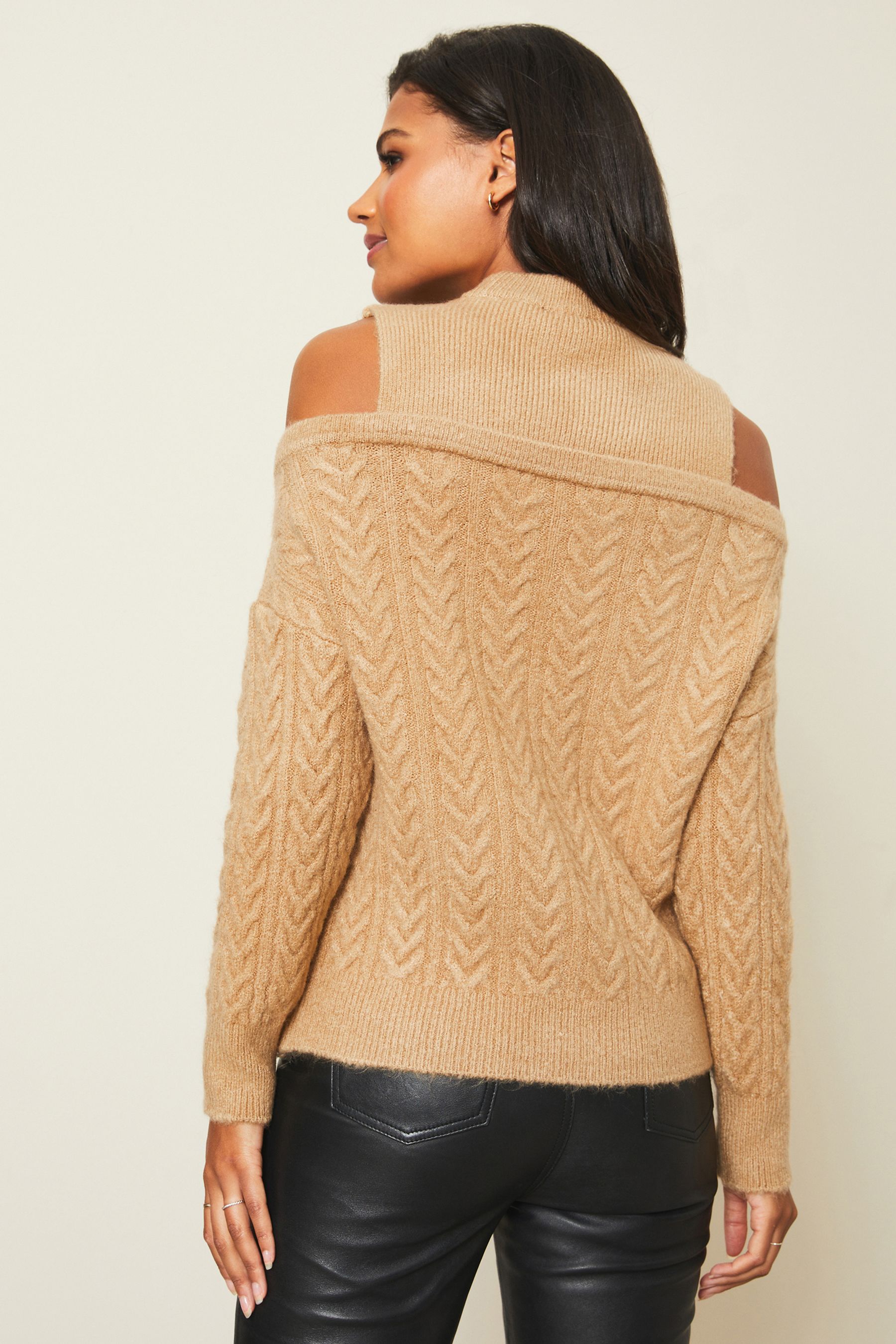 Buy Lipsy Camel Petite Cold Shoulder Knitted Ribbed Jumper from Next Ireland
