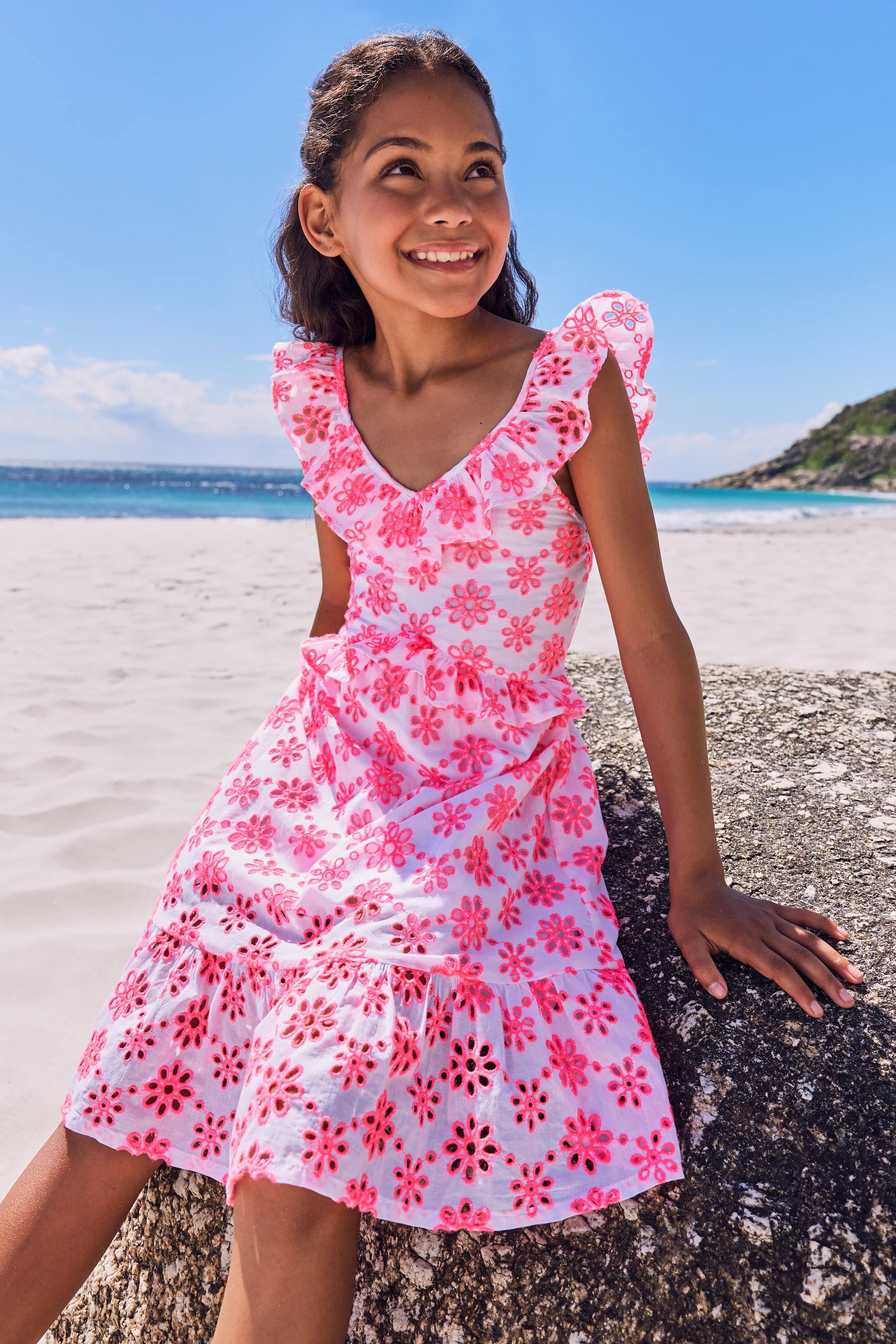 Buy Lipsy Pink Broderie Ruffle Short Sleeve Tiered Trapeze Dress from Next Luxembourg