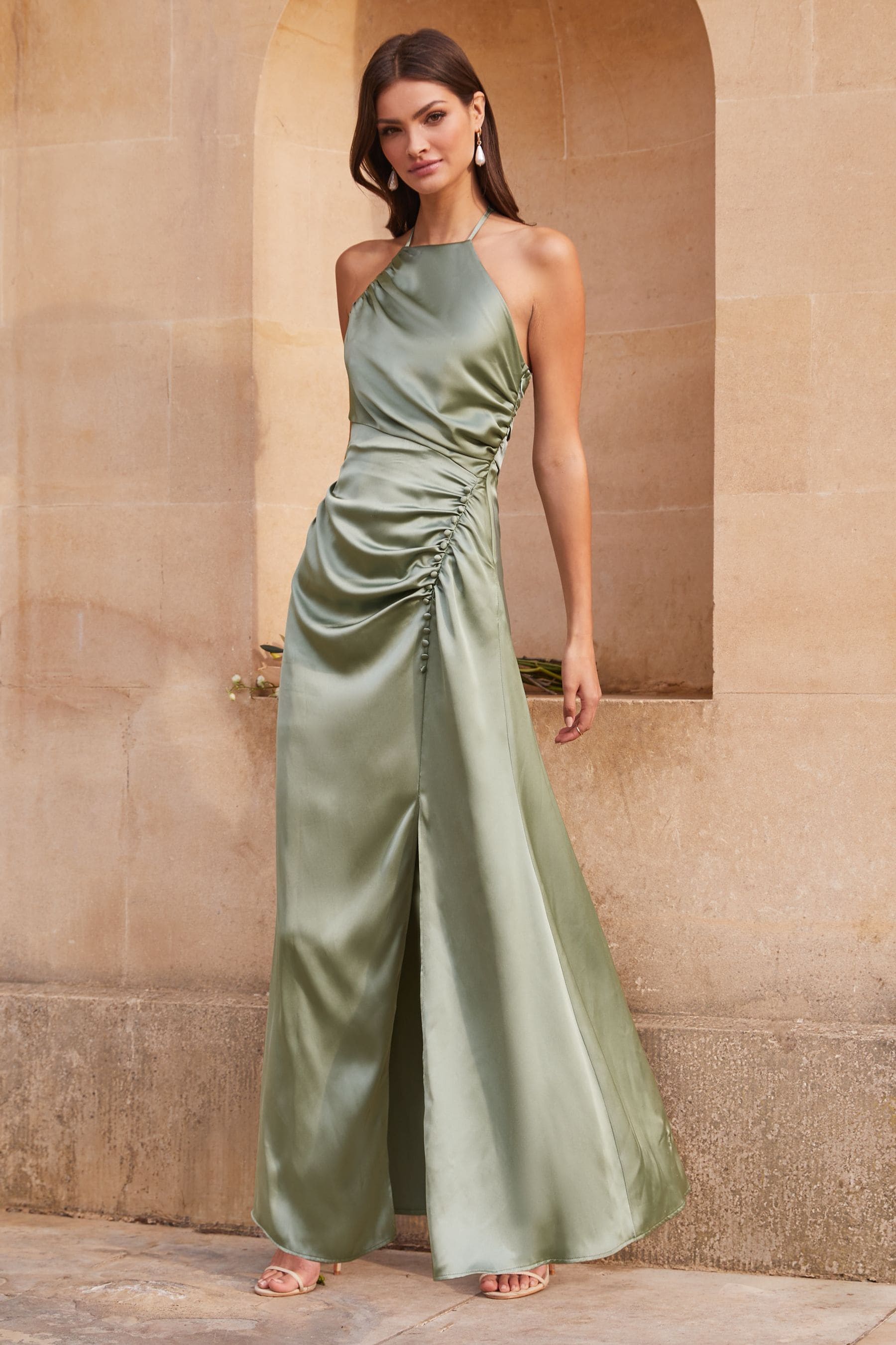 Buy Lipsy Green Petite Ciara Satin Split Halter Bridesmaid Dress from Next Luxembourg