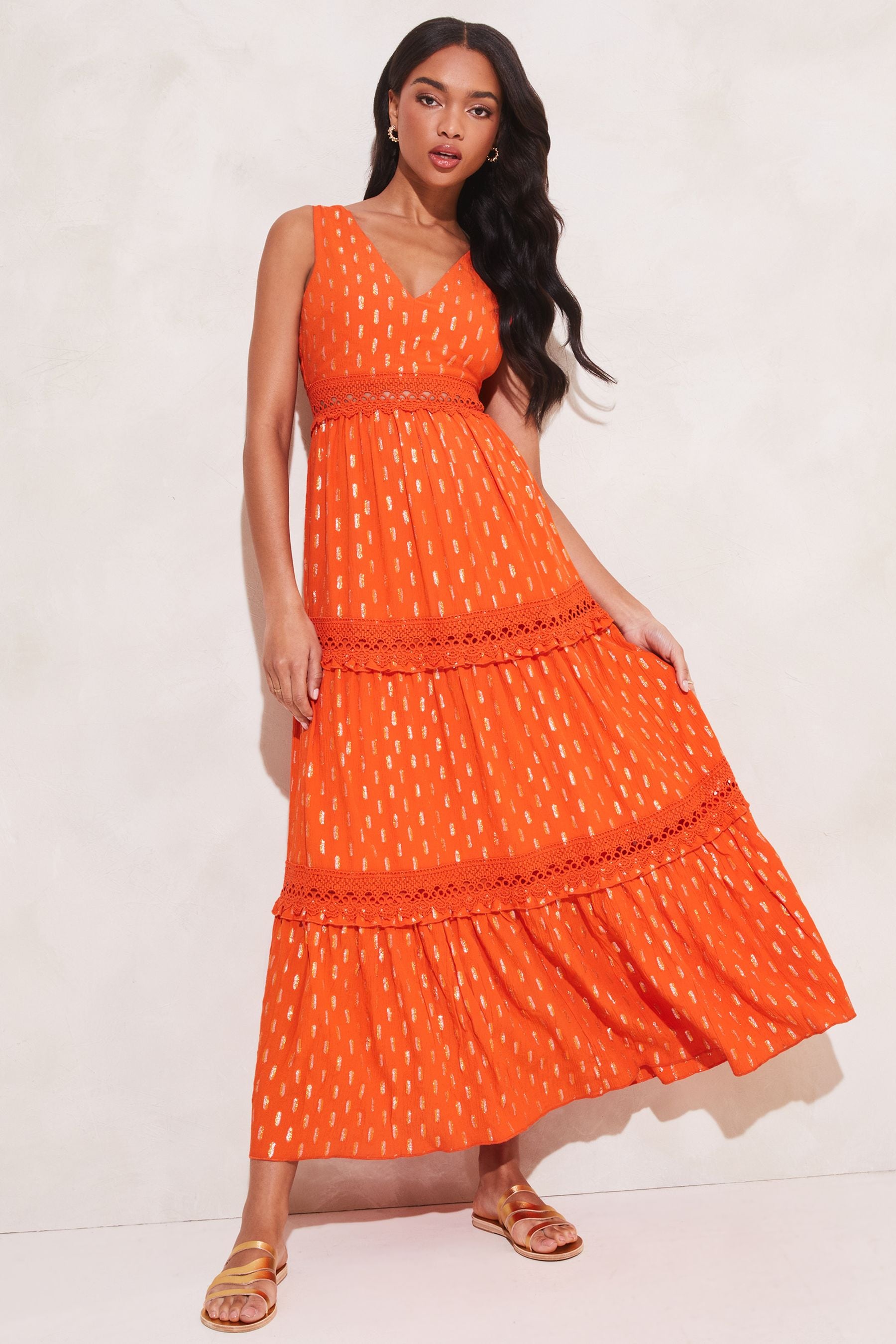 Buy Lipsy Orange Foil Printed Metallic V Neck Crochet Lace Trim Maxi Dress from Next Luxembourg