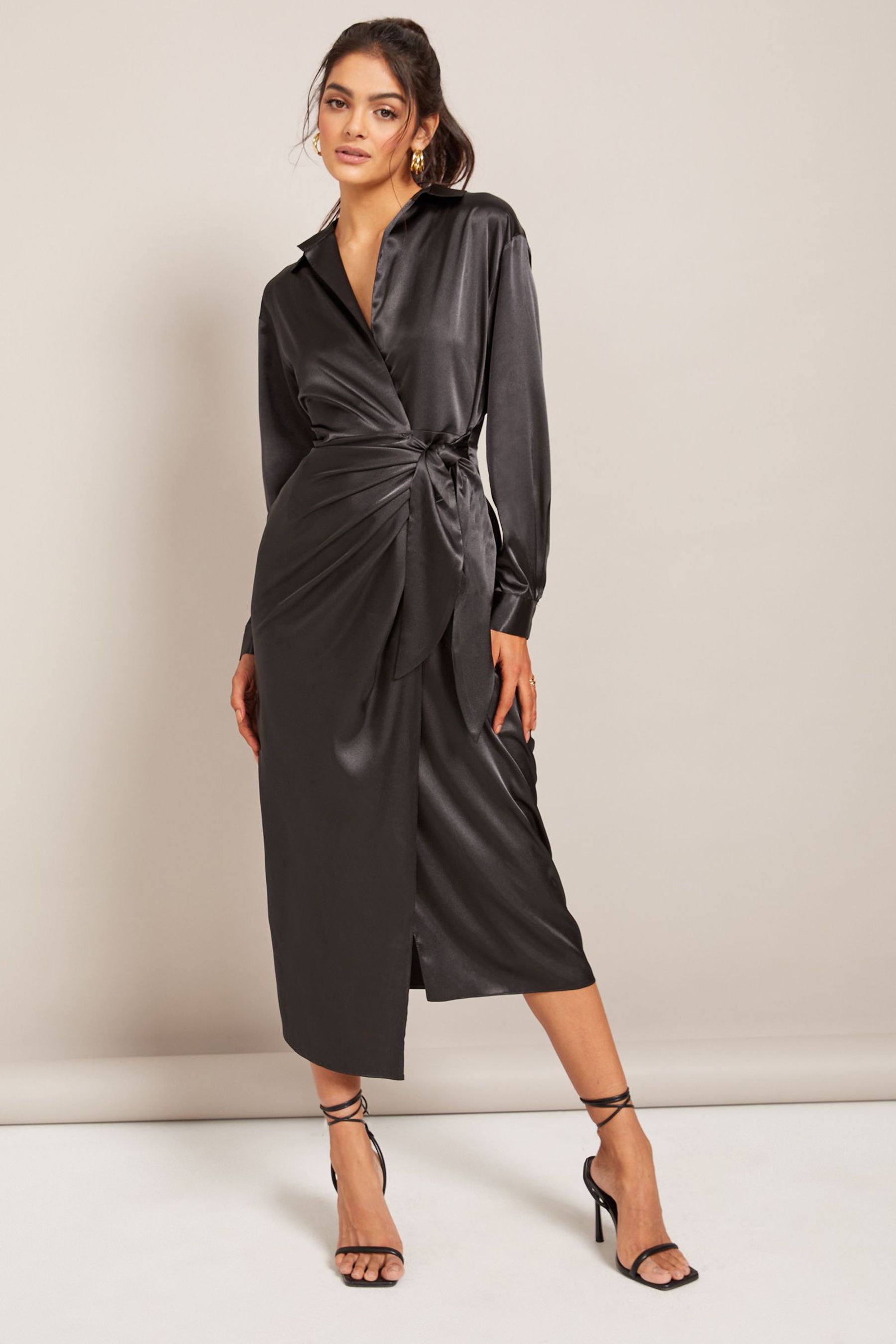 Buy Friends Like These Black Long Sleeve Satin Wrap Midi Dress from Next Luxembourg