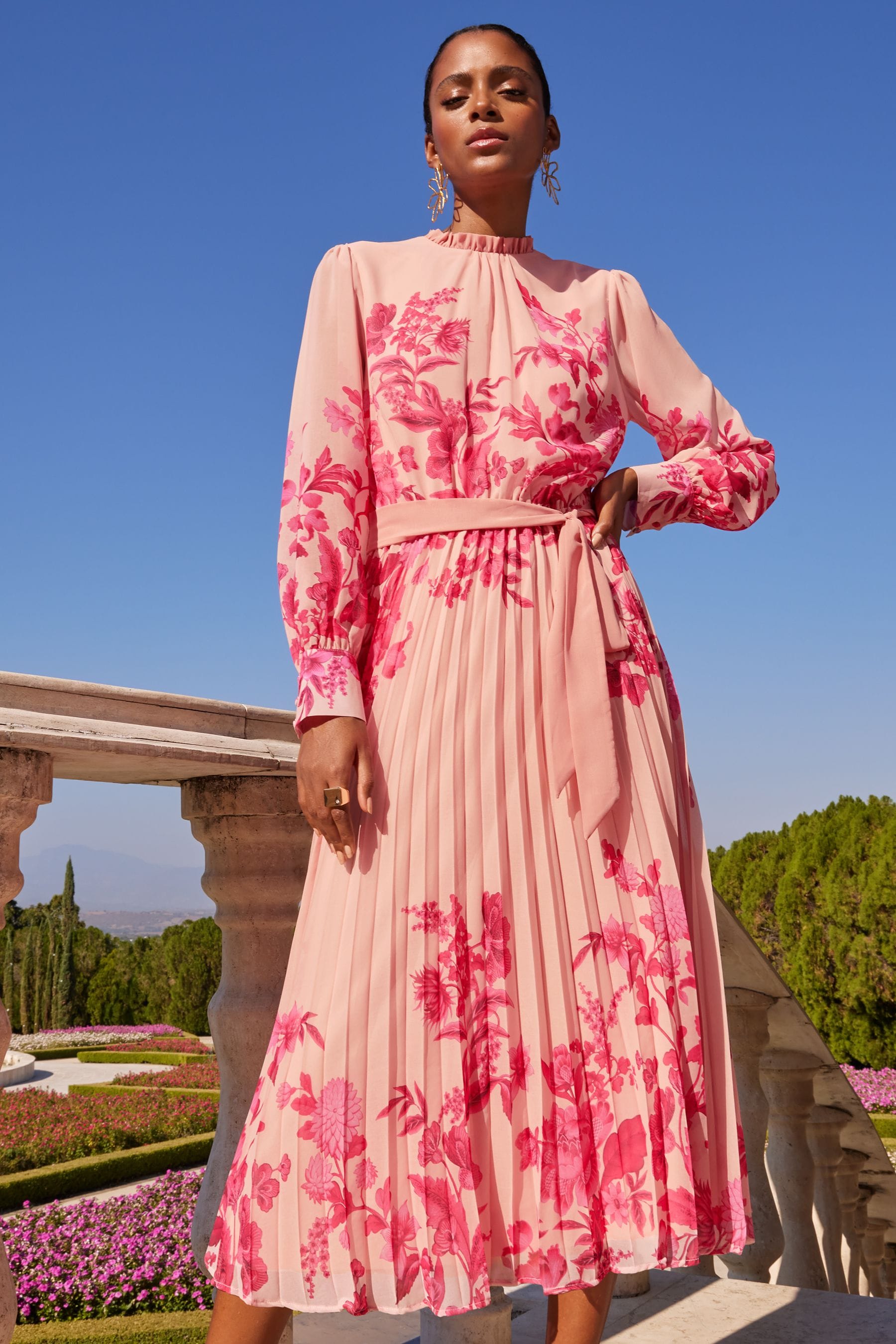 Buy V A Love Roses Pink Floral Print Ruffle Neck Pleated Long Sleeve Midi Dress from Next Luxembourg