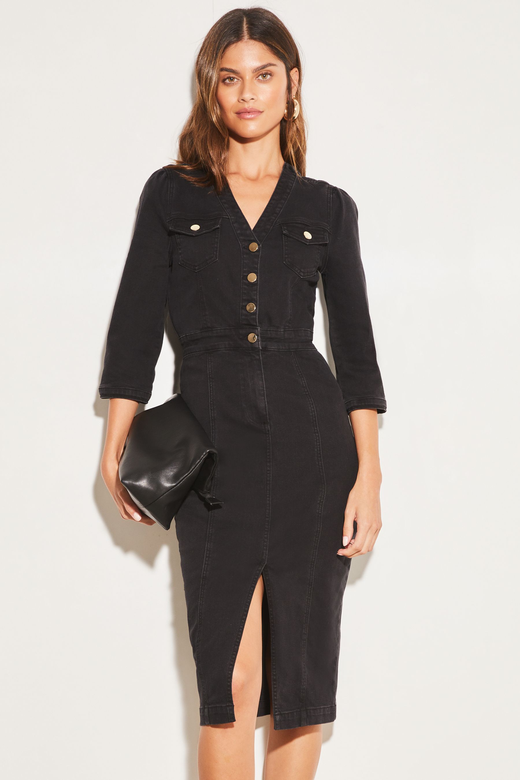 Buy Lipsy Black Petite Half Placket Denim Midi Dress from Next Luxembourg