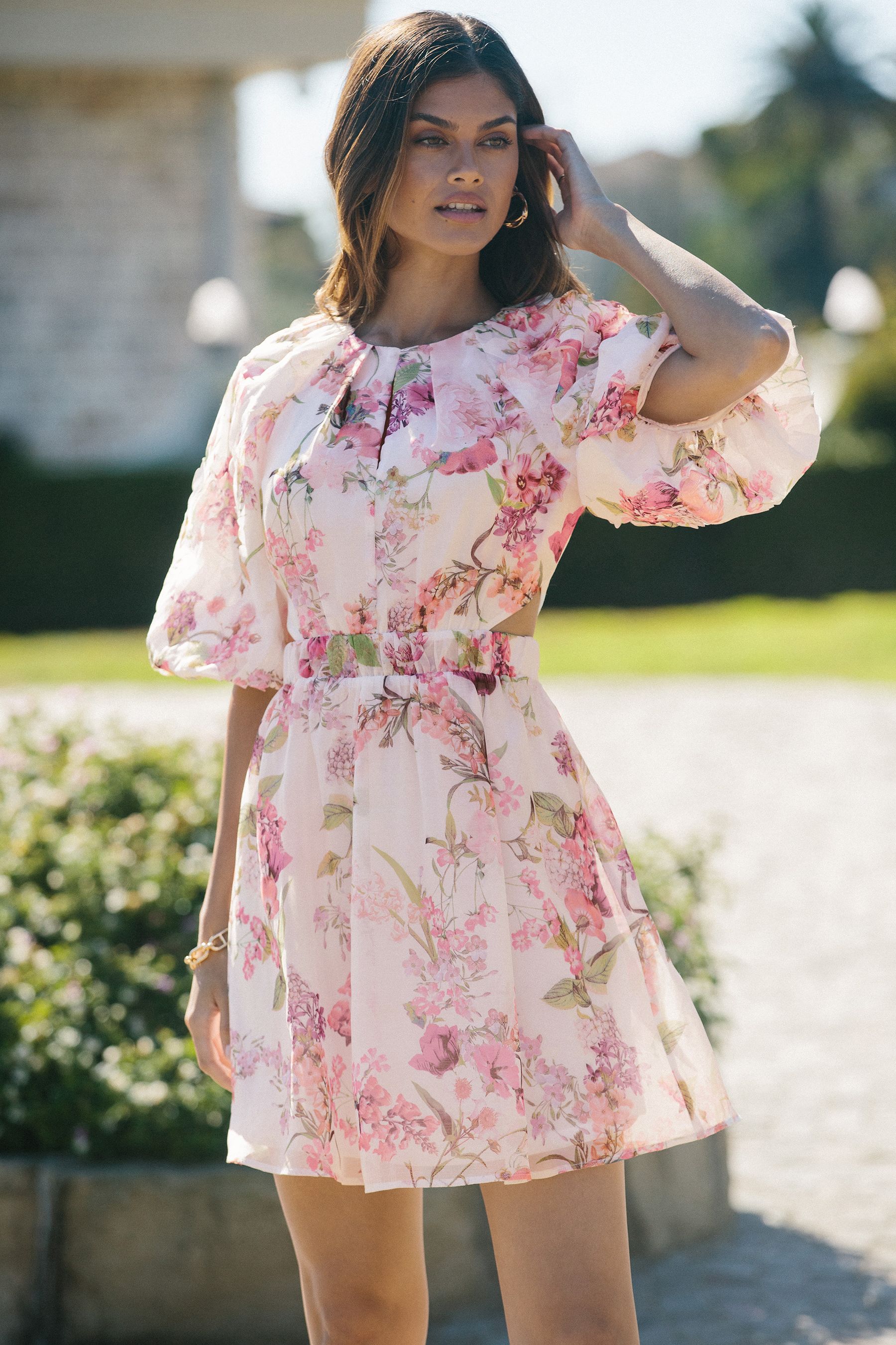 Buy Lipsy White Petite Floral 3D Puff Sleeve Mini Skater Dress from Next Luxembourg