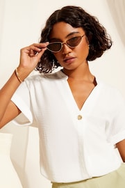 Friends Like These Ivory White V Neck Roll Sleeve Button Blouse - Image 1 of 4