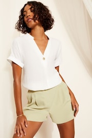 Friends Like These Ivory White V Neck Roll Sleeve Button Blouse - Image 3 of 4