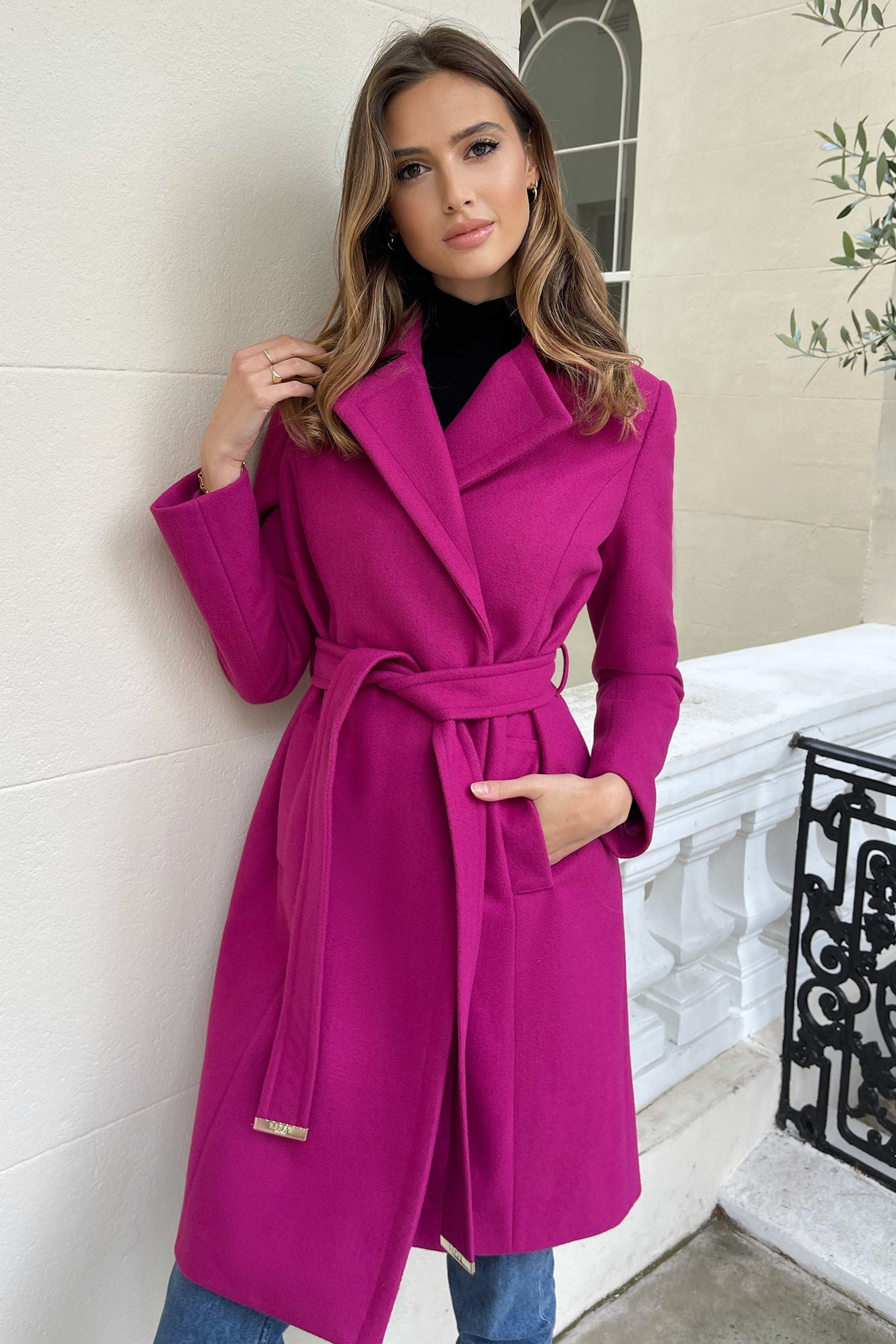 Buy Lipsy Magenta Pink Dropped Collar Belted Wrap Trench Coat from Next Luxembourg