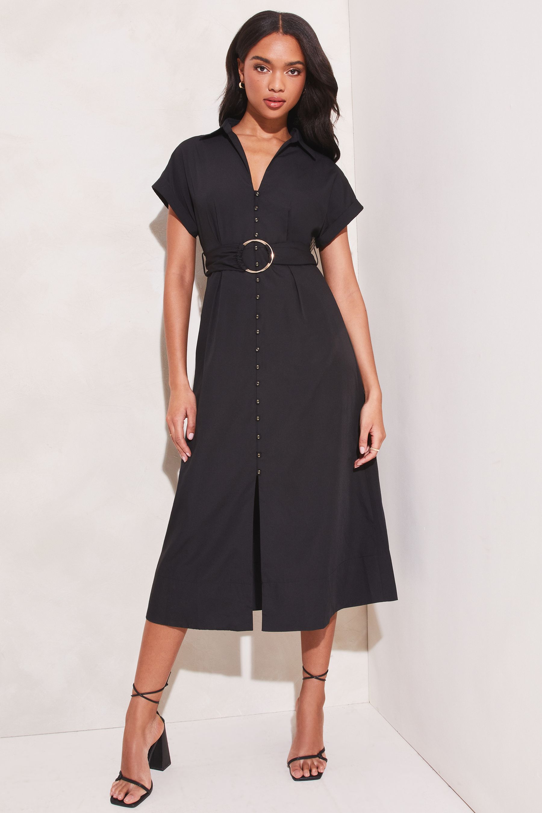 Buy Lipsy Black Hardware Belted Midi Shirt Dress from Next Luxembourg
