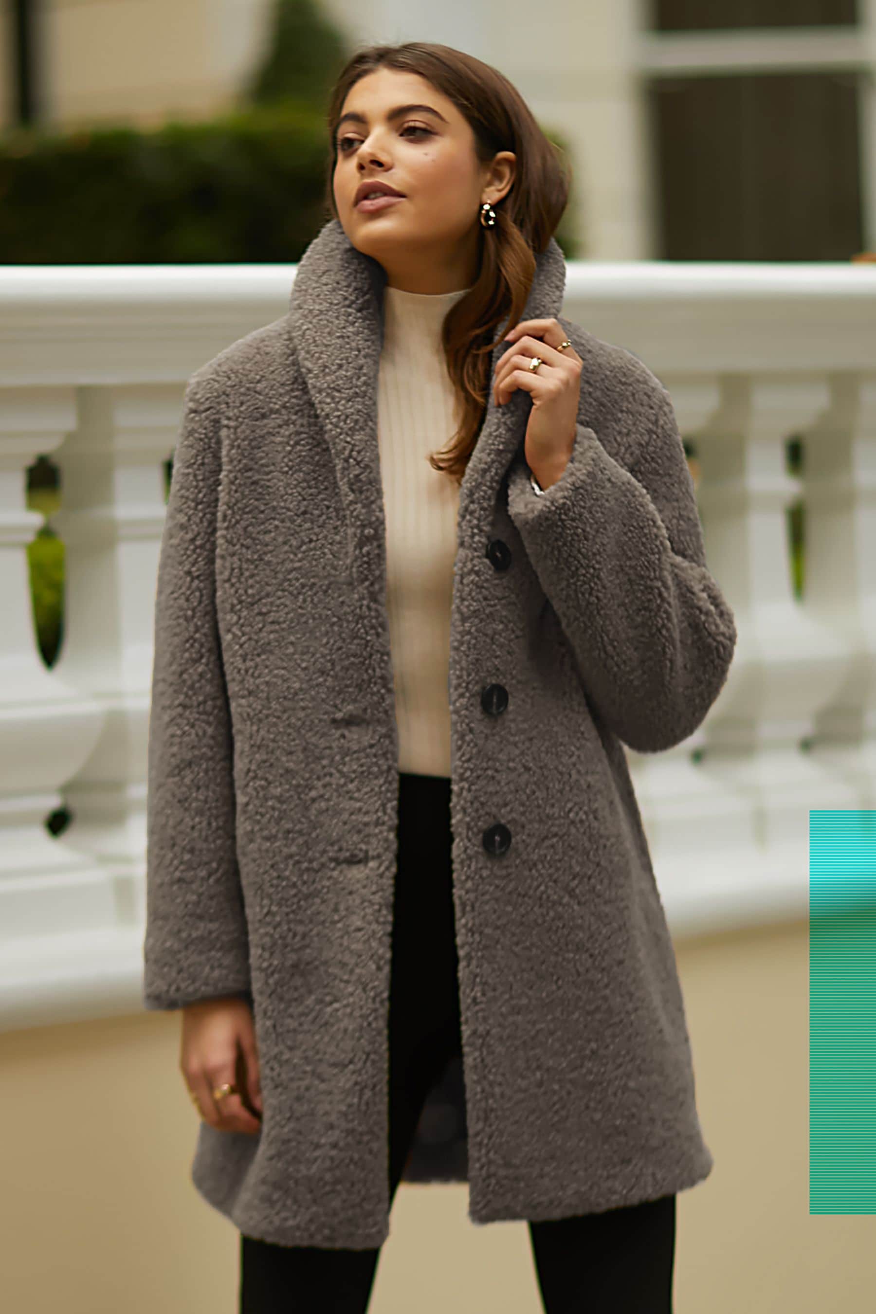 Buy Friends Like These Grey Longline Button Through Teddy Coat from Next Luxembourg