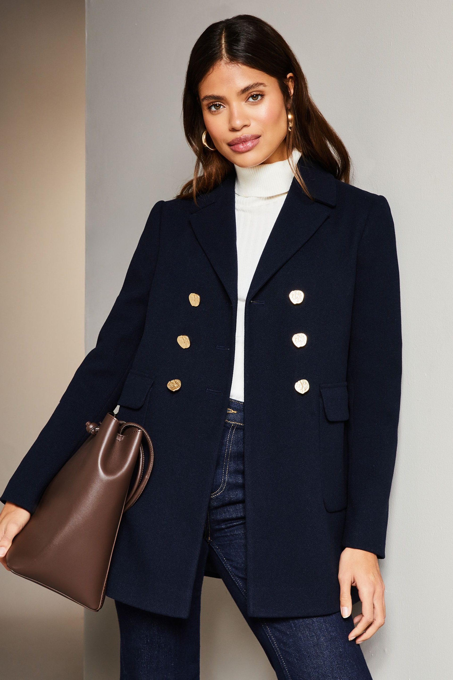 Lipsy Navy Blue Hammered Button Dolly Coat - Image 1 of 4