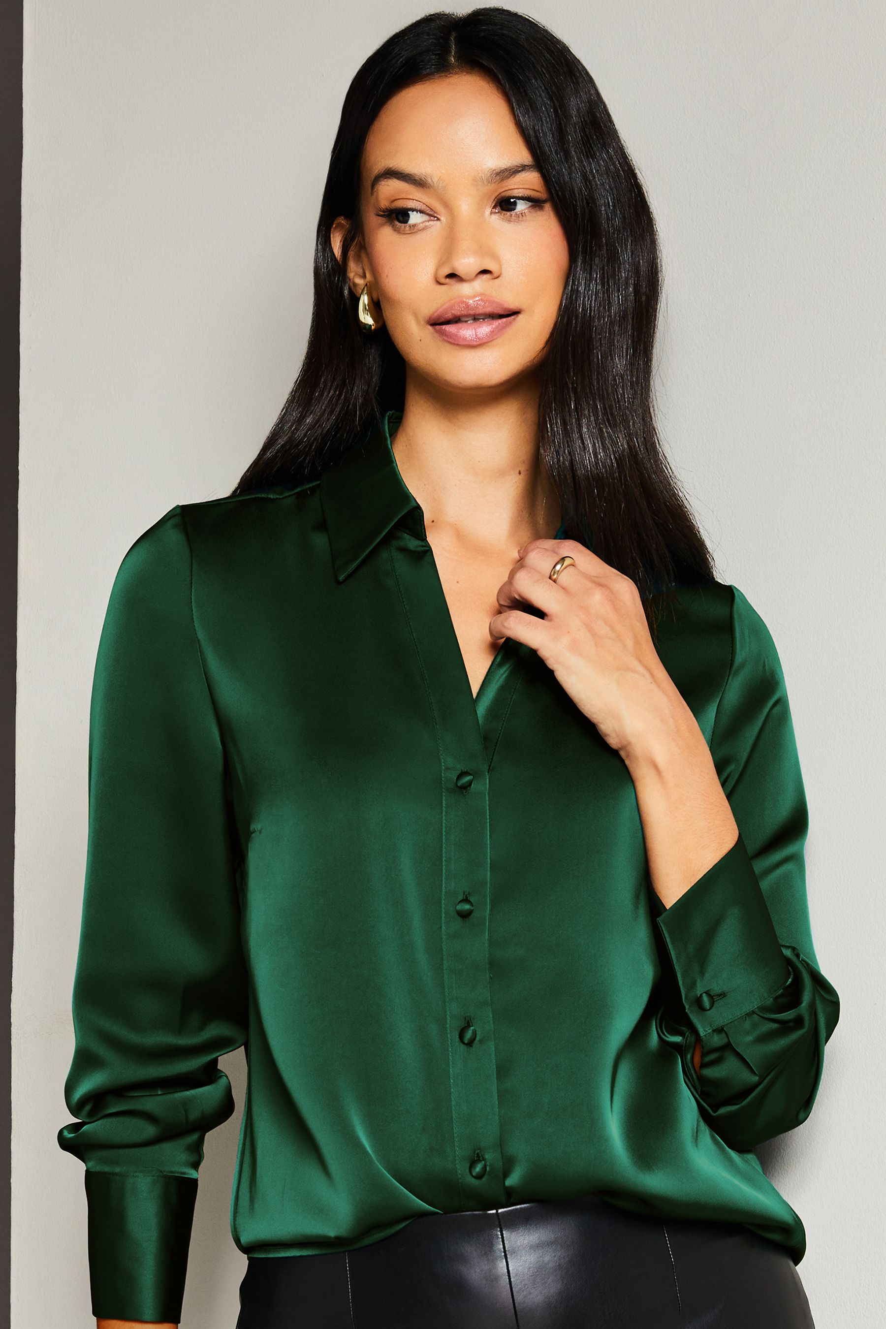 Buy Lipsy Forest Green Petite Satin Button Through Shirt from Next Luxembourg