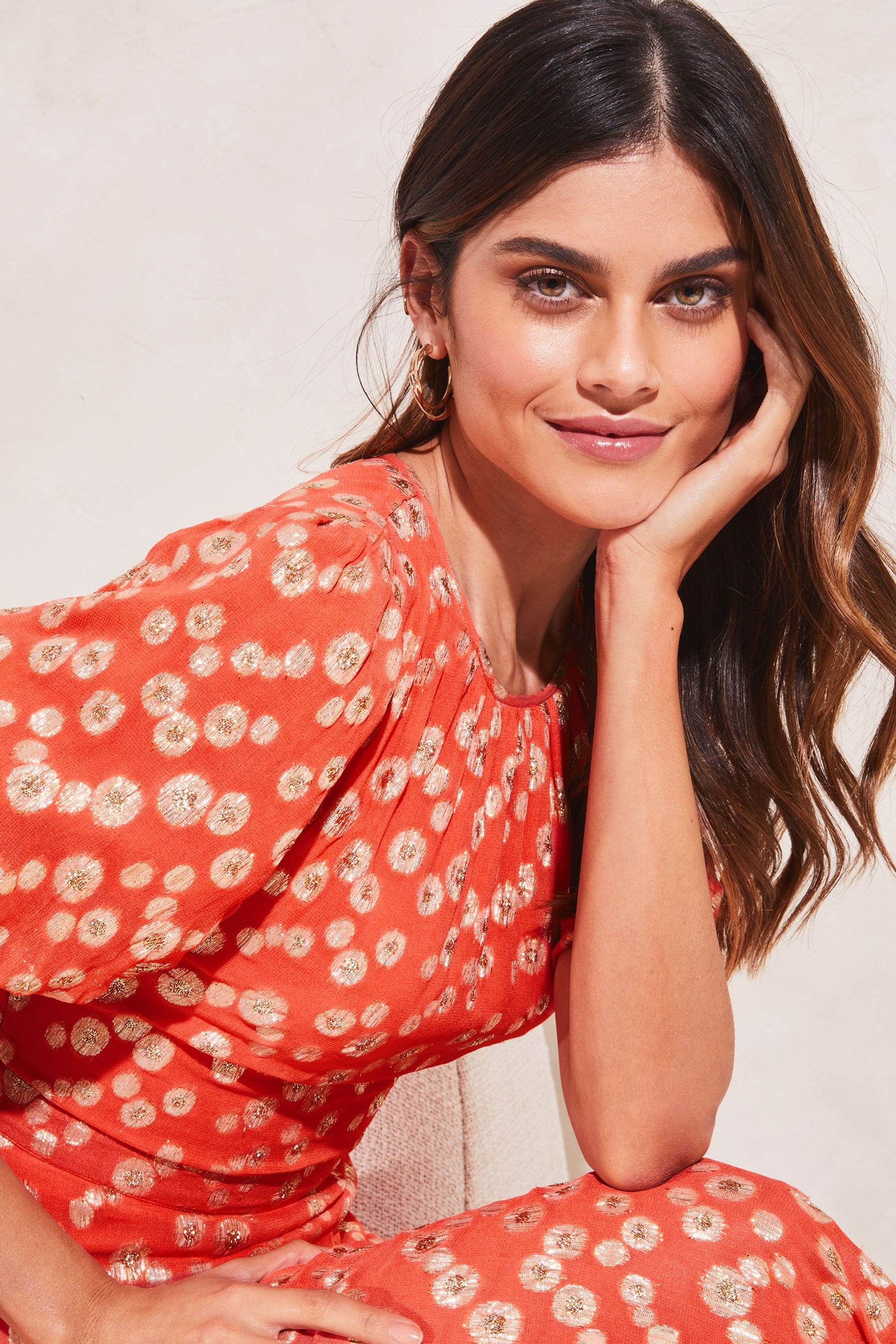 Buy Lipsy Peach Metallic Puff Sleeve Round Neck Split Midi Dress from Next Luxembourg