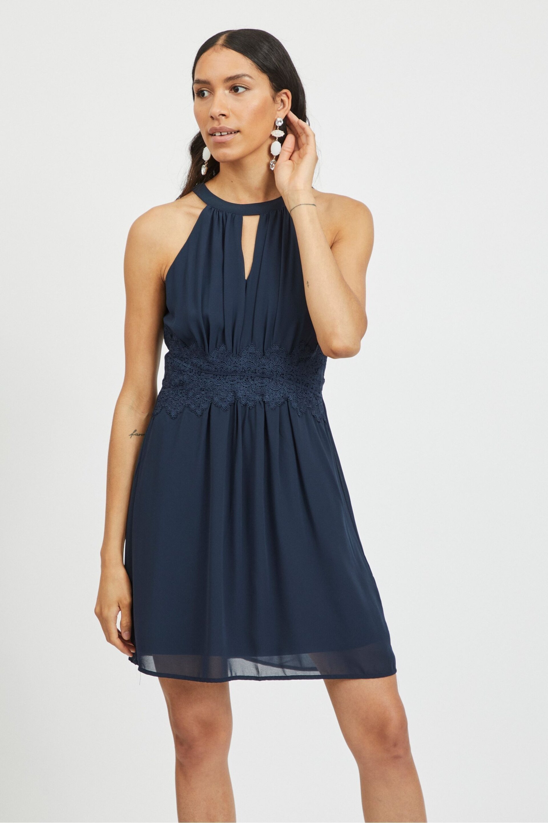 VILA Navy/Blue Halter Neck Tulle Fit And Flare Dress - Image 1 of 5