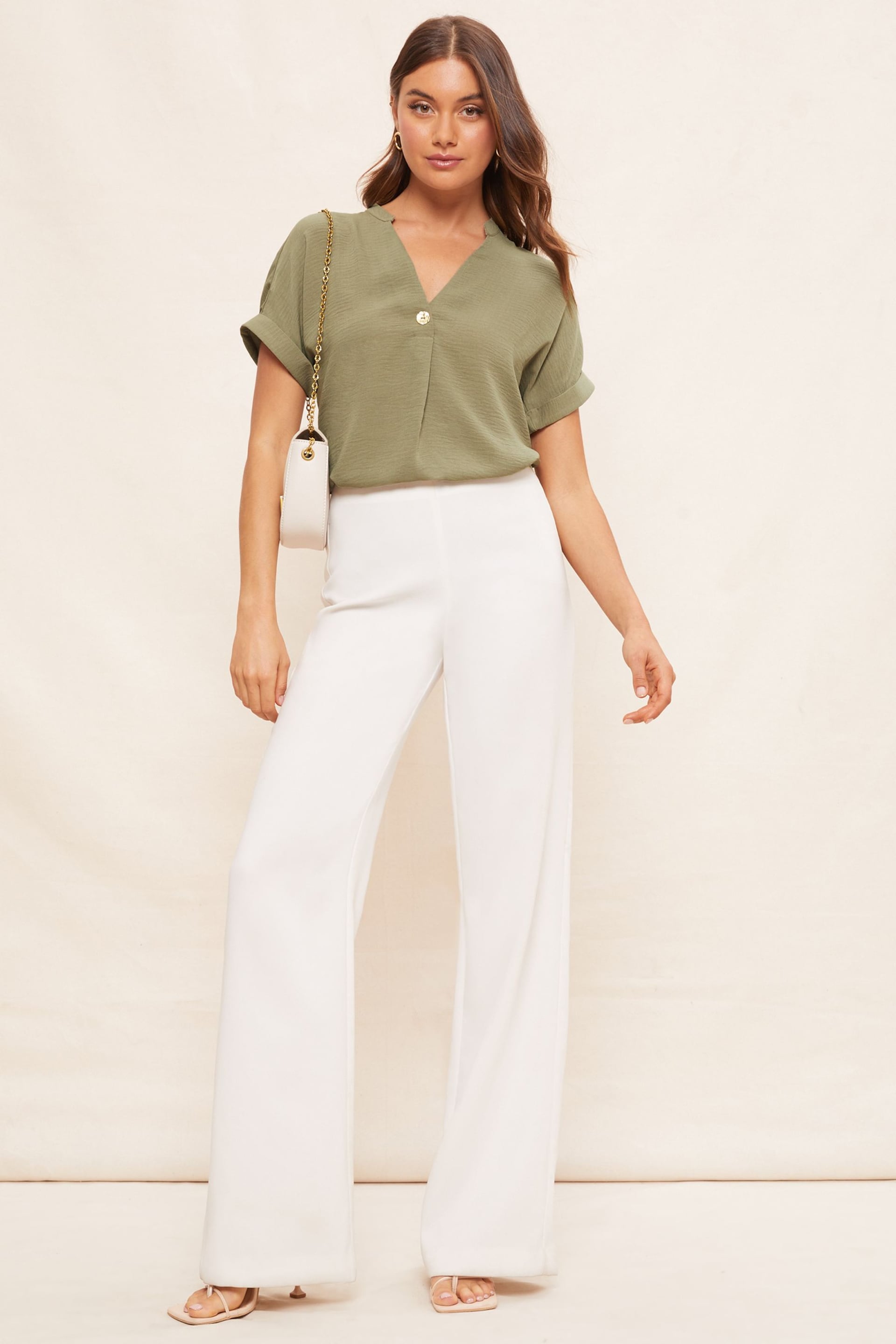 Friends Like These Khaki Green V Neck Roll Sleeve Button Blouse - Image 2 of 4