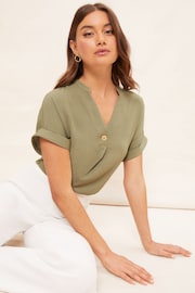 Friends Like These Khaki Green V Neck Roll Sleeve Button Blouse - Image 3 of 4