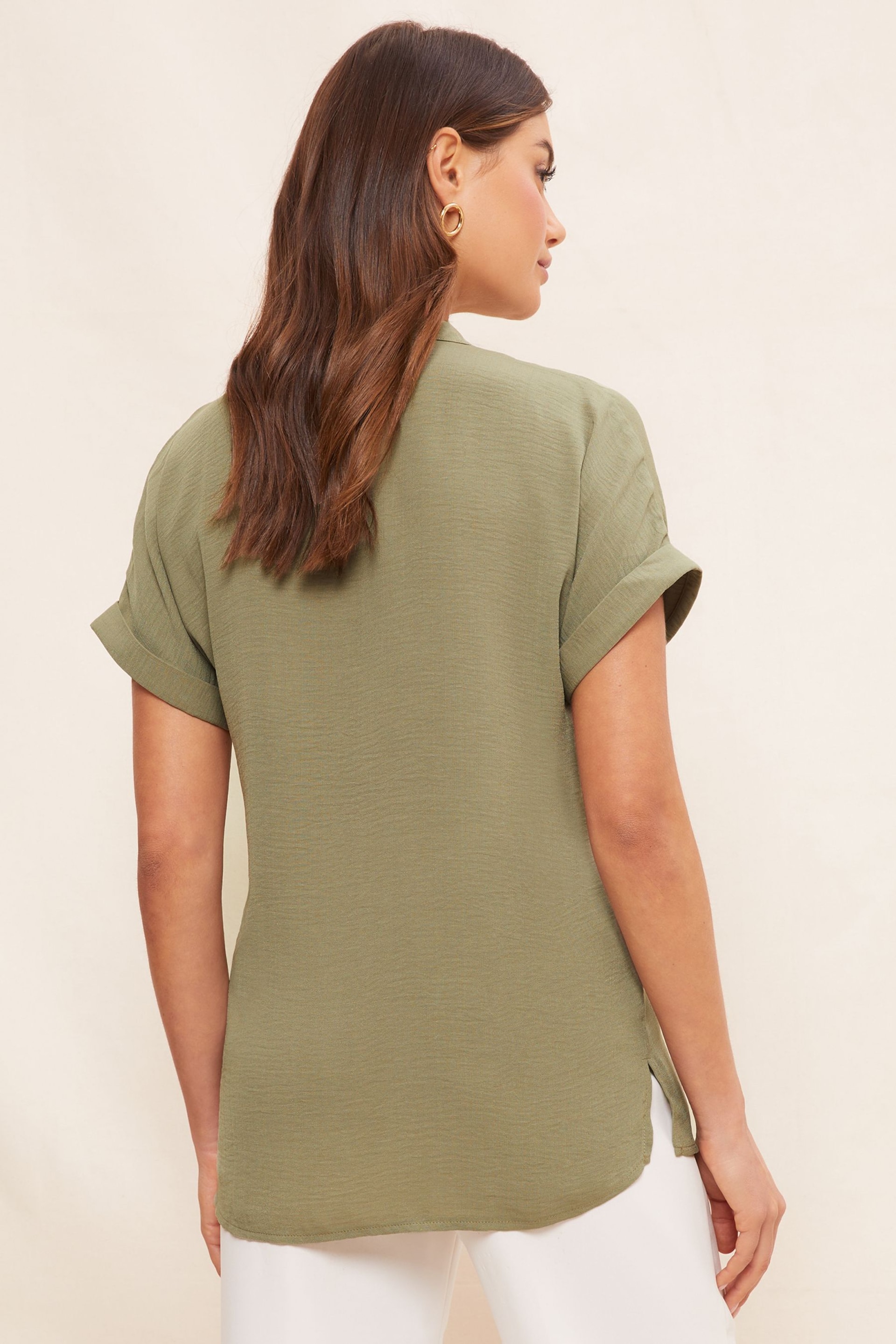 Friends Like These Khaki Green V Neck Roll Sleeve Button Blouse - Image 4 of 4