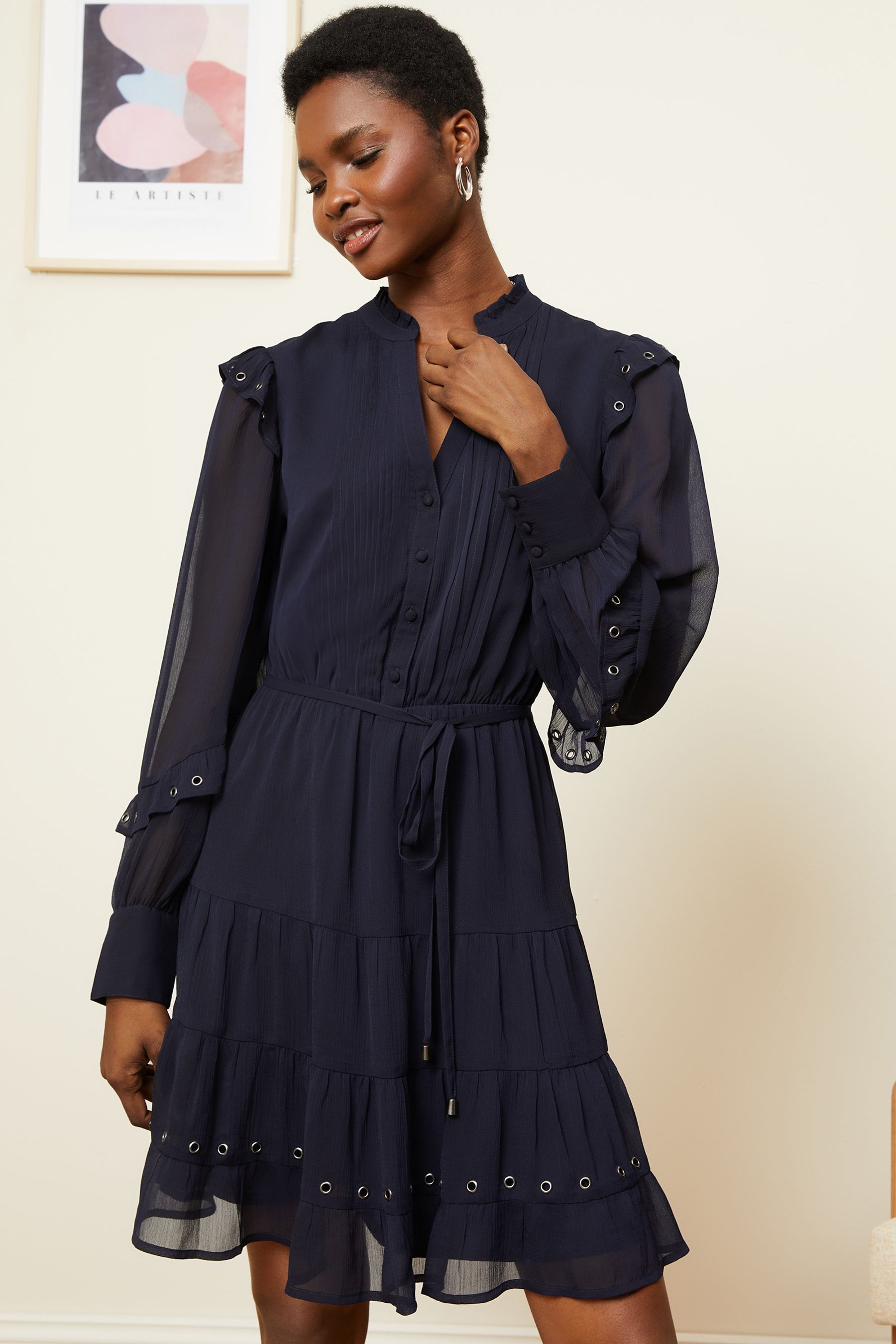 Buy Love Roses Navy Blue Eyelet Long Sleeve Belted Chiffon Mini Dress from Next Luxembourg