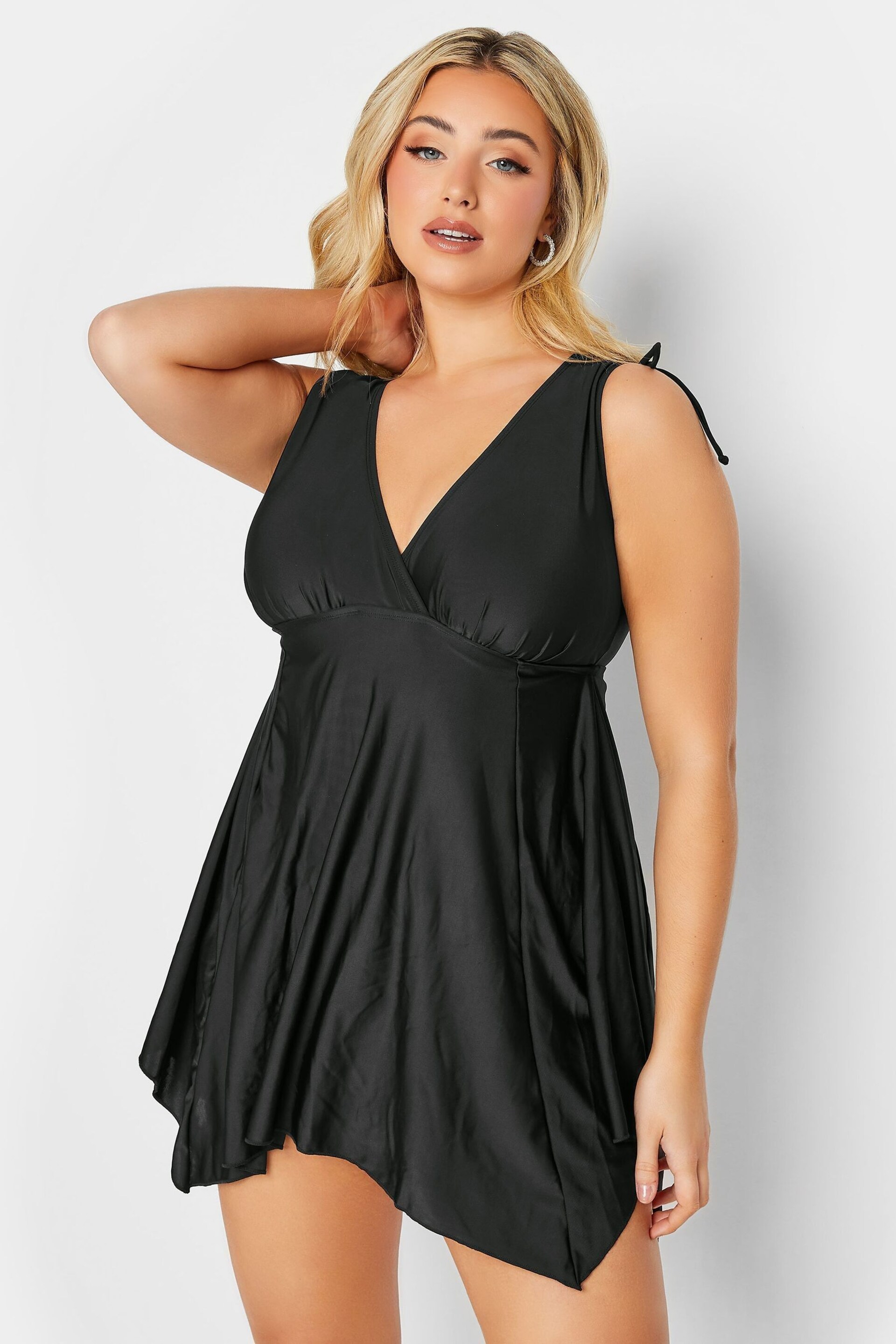 Yours Curve Black Drawstring Shoulder Plunge Bust Support Swimdress - Image 1 of 4