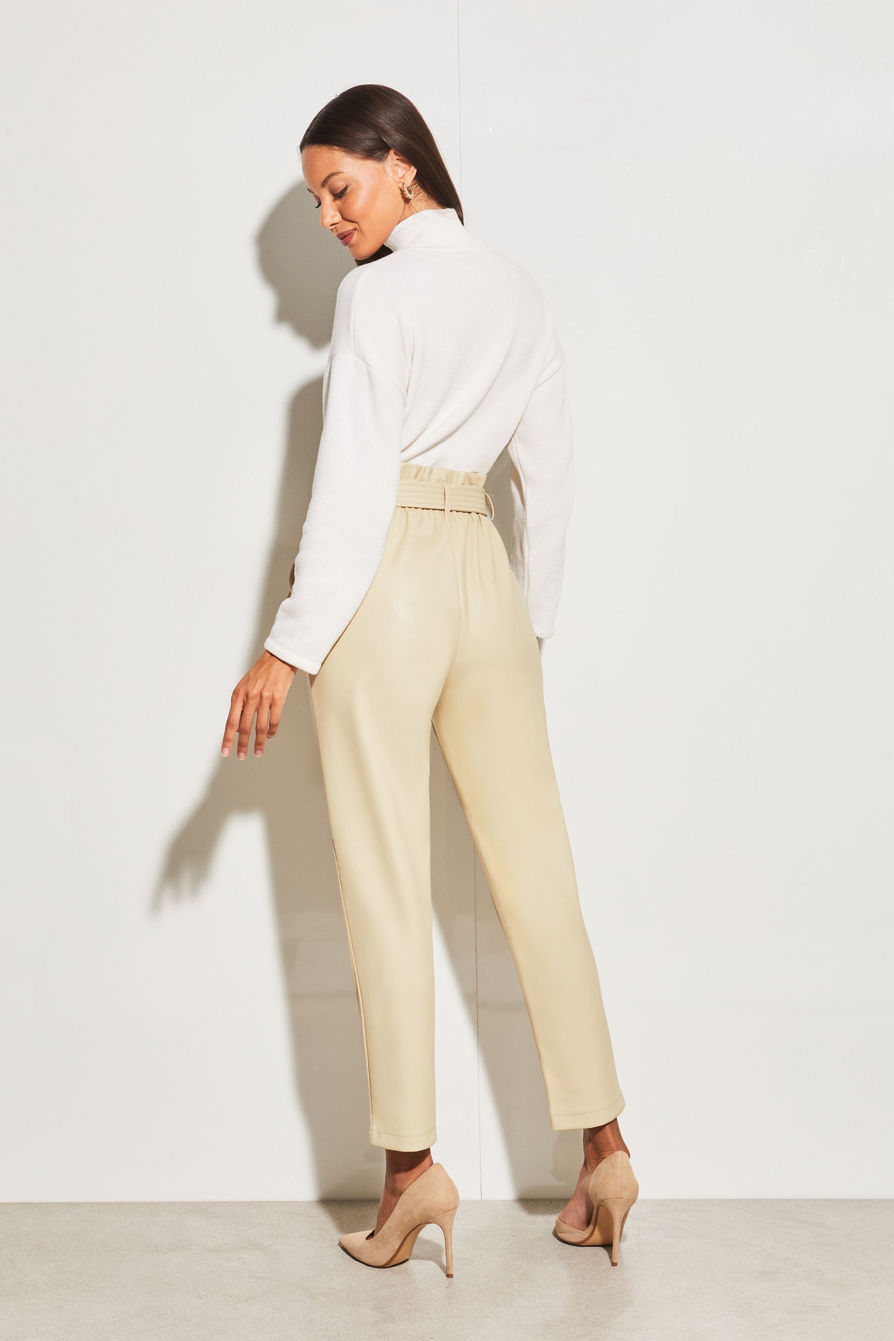 Buy Lipsy Cream Faux Leather Military Button Paperbag Trousers from Next Luxembourg
